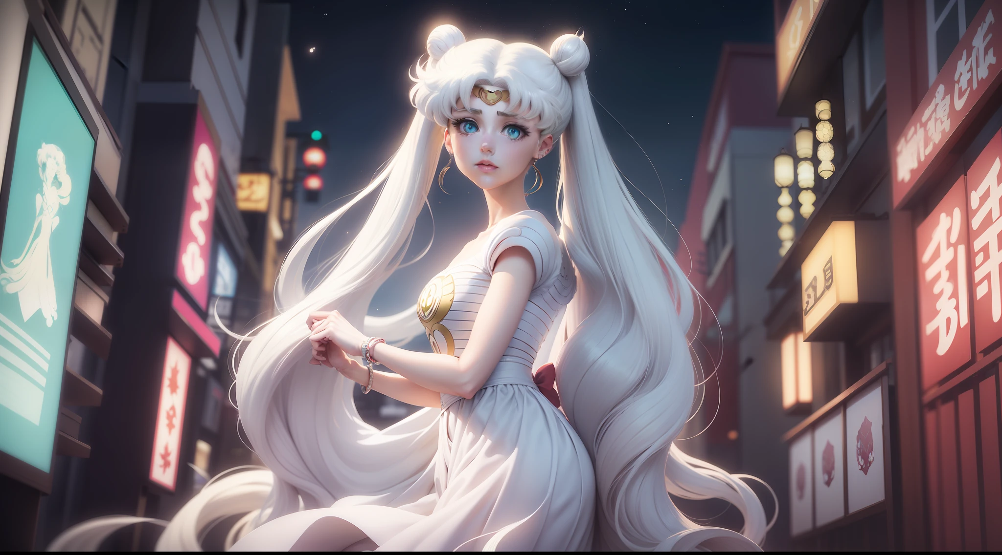 white girl (Sailor Moon) in fashionable clothes, Modern Japanese Fashion Clothing, white colored hair, Long white hair, gray hairs, Two bundles on the head, Odango hairstyle, pale skin, Cyan eyes , in full height, Against the backdrop of a Japanese night city