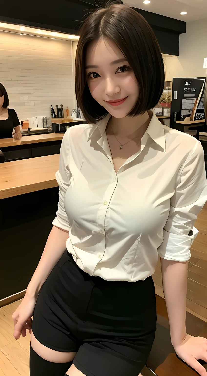 The shirt、Tight pants、Black stockings、beauty legs、A slender、Women in Japan、A smile、high-level image quality、cafes、short-hair、23years old、Big eyes、Kamimei、Cafe Clerk、Colossal tits、Bra shows through