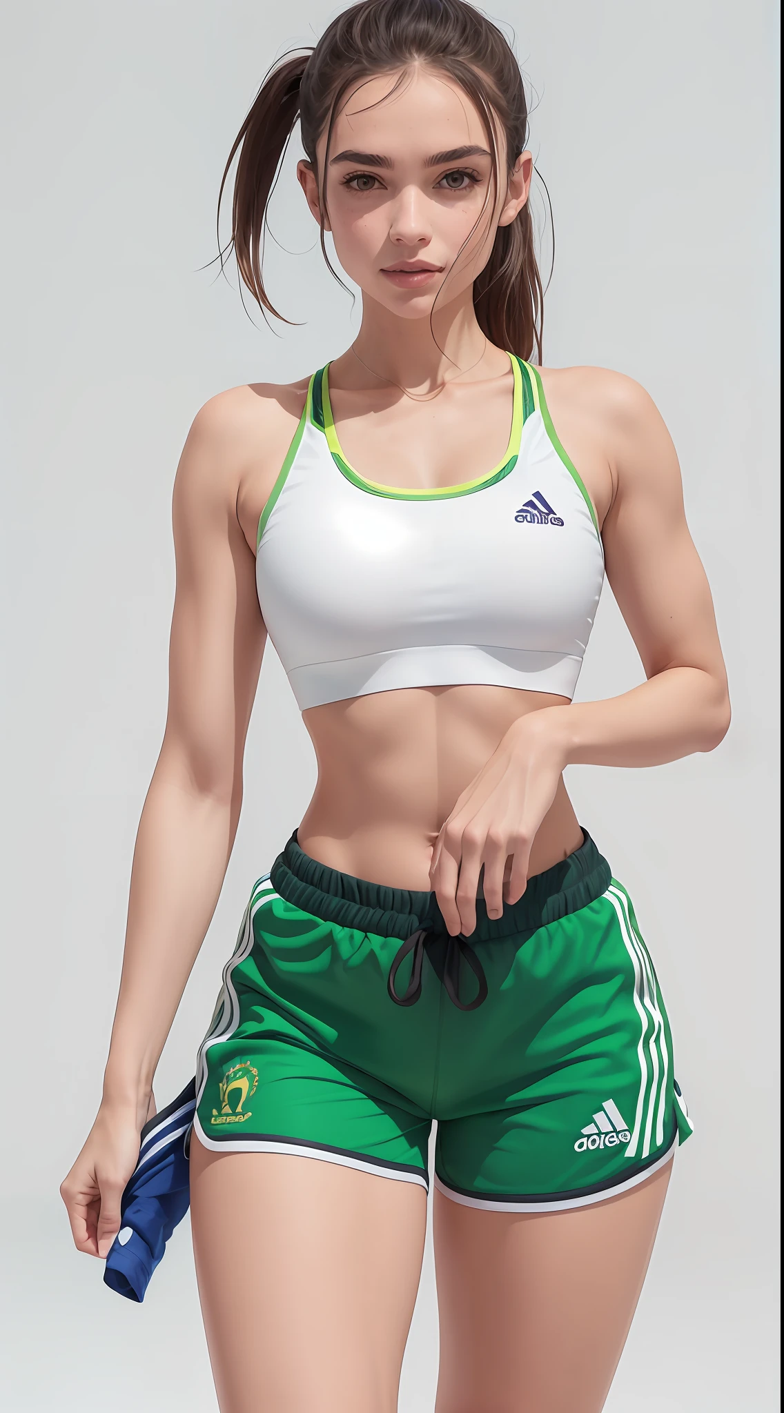Arrogante mulher (((europeia)) Pretty in a white sports bra top and green shorts holding two dumbbles, sport bra and shorts, brassier, Esporte bom, sport bra and shirt, sports bra, white bra, detailed sports bra, mulher em forma, bra and shorts streetwear, em forma, sport bra and dark blue shorts, Photo adjustment, sporty physique, roupas esportivas, forma tonificada