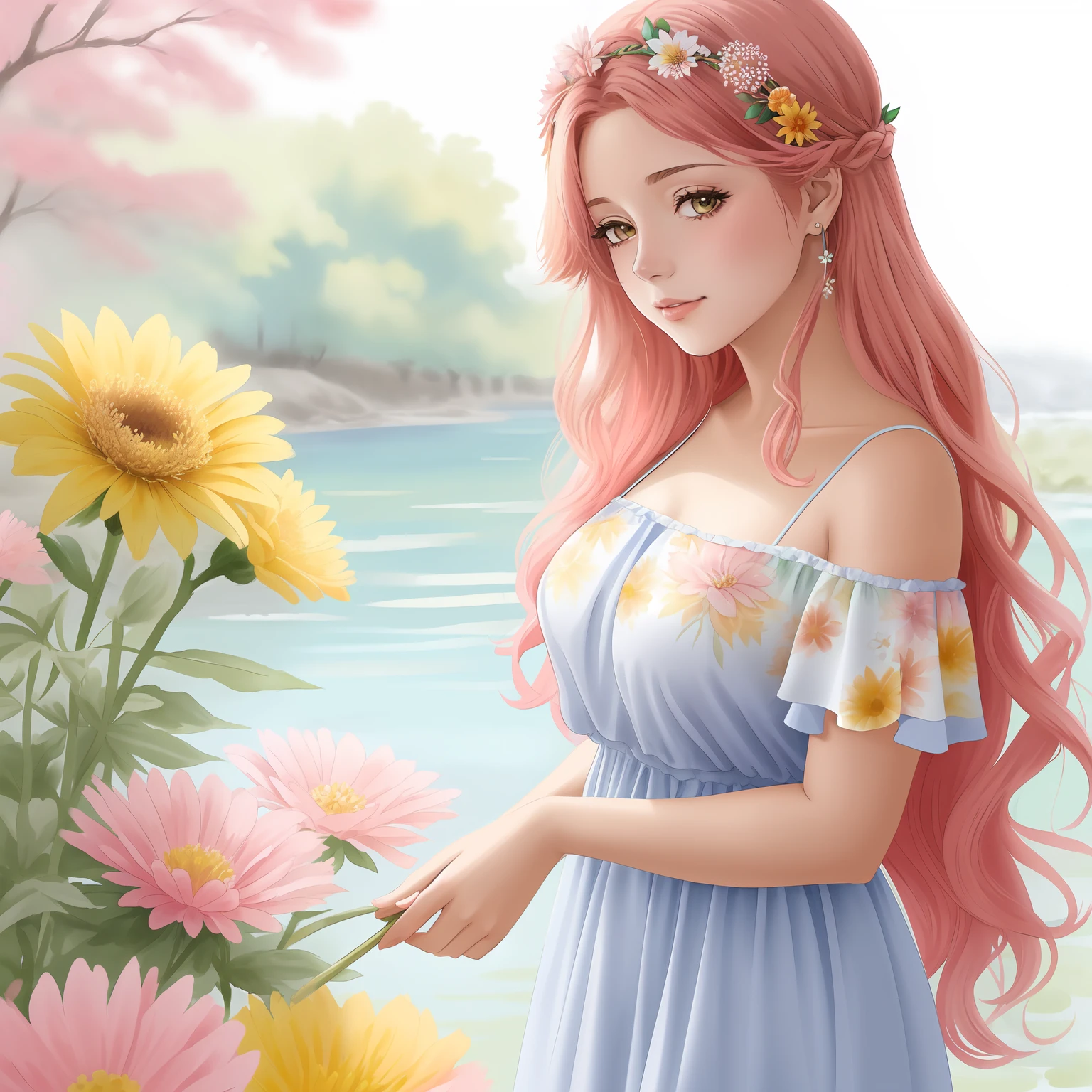 aquarela pintando a mulher segurando um ramo de flores, cabelo p vermelhosondulado, com flores amarelas ao redor, anime girassol bonita, tonalidade pastel , linda Delphine, , , com flores, usando um vestido preto