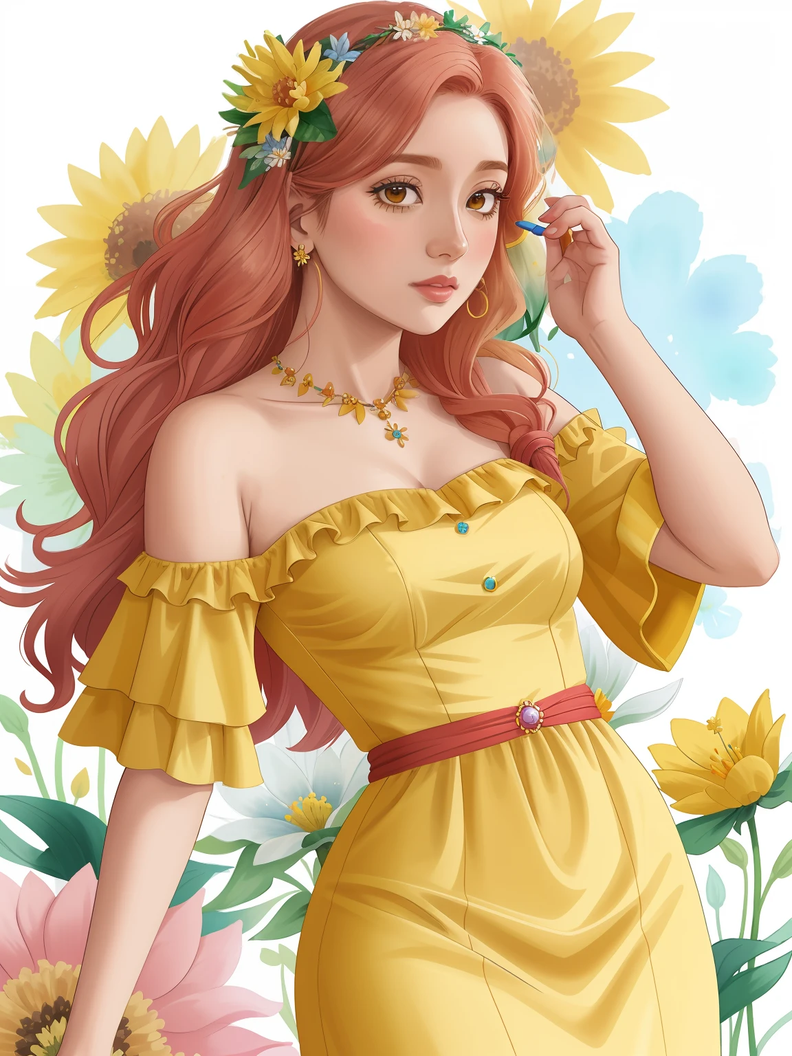 aquarela pintando a mulher segurando um ramo de flores, cabelo castanho ondulado, com flores amarelas ao redor, menina anime girassol bonita, tonalidade amarela, linda Delphine, , pele amarela elegante, com flores, usando um vestido preto