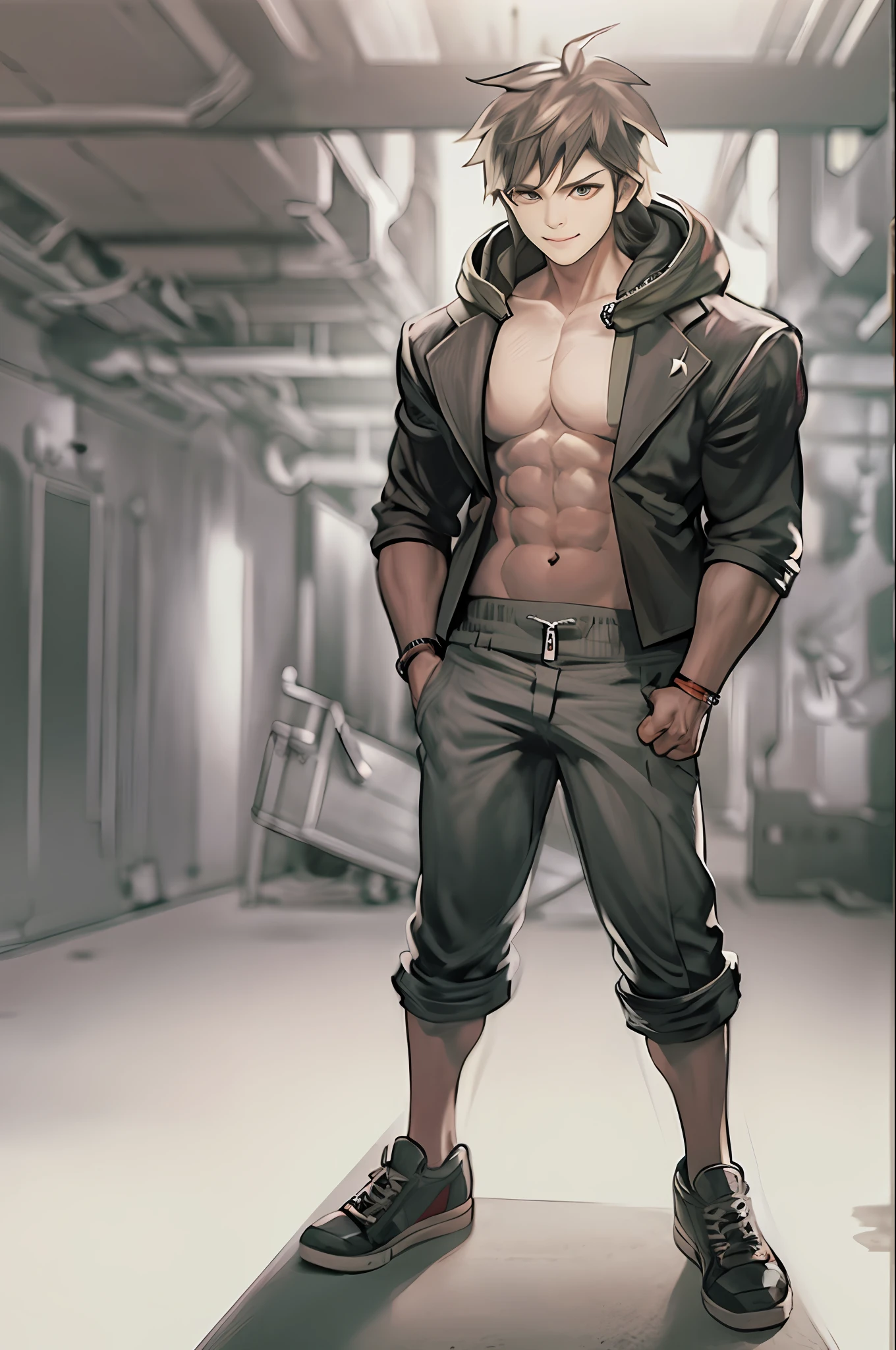 masterpiece, best quality, 1boy, black jacket, hood, ahoge, short hair, brown hair, black pants, smile, hands up, simple background, white background, upper body Muscular body, Imposing body, Imposing appearance, muscular arms, muscular legs, only body, trapezoid torso, sturdy body, muscular body, defined round and fleshy pecs, defined washboard ABS, defined arms, defined legs, flexing his muscles