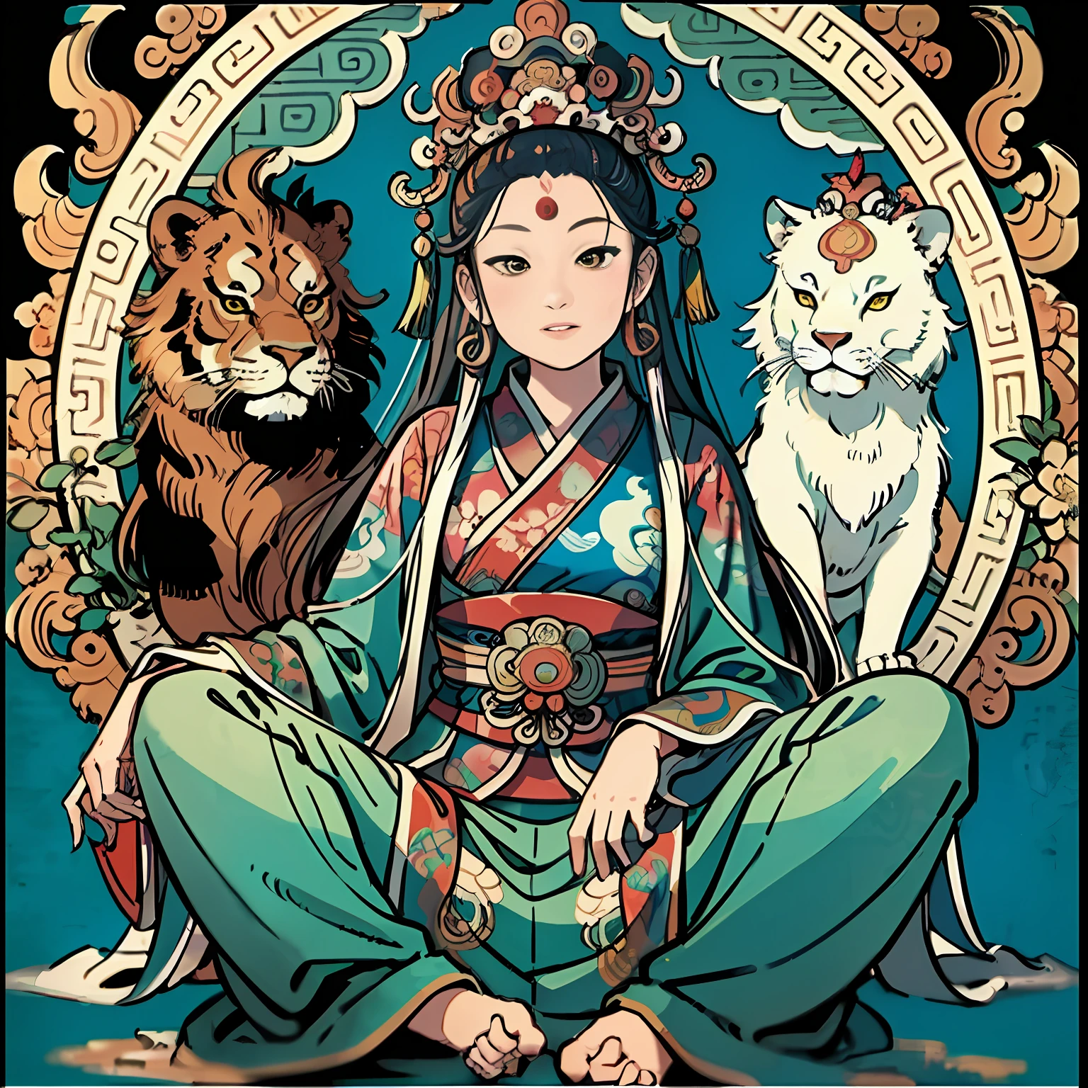 an ancient Chinese goddess, guanyin of the southern seas, Guanyin, Inspired by India, Avalokiteshvara rides a lion，,Serene expression,shui mo hua,Buddha,Buddhist,Lotus,Chinese painting style,Thangka style