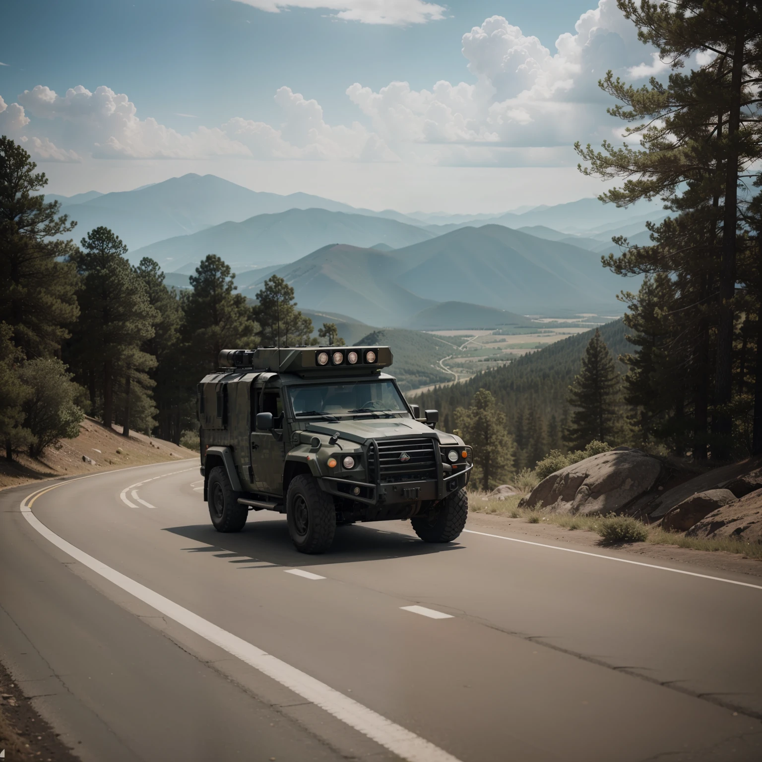 Armoured vehicle guarding on a mountain, taken on a Canon EOS R camera with a 50mm f/1.8 lens, f/2.2 aperture, 1080p 1/200 shutter, ISO 100 and natural light, Full Body, Hyperreal Photography, Cinematic, Cinema, Hyperdetail, UHD, Color Correction, hdr, color grading, hyperreal CG animation