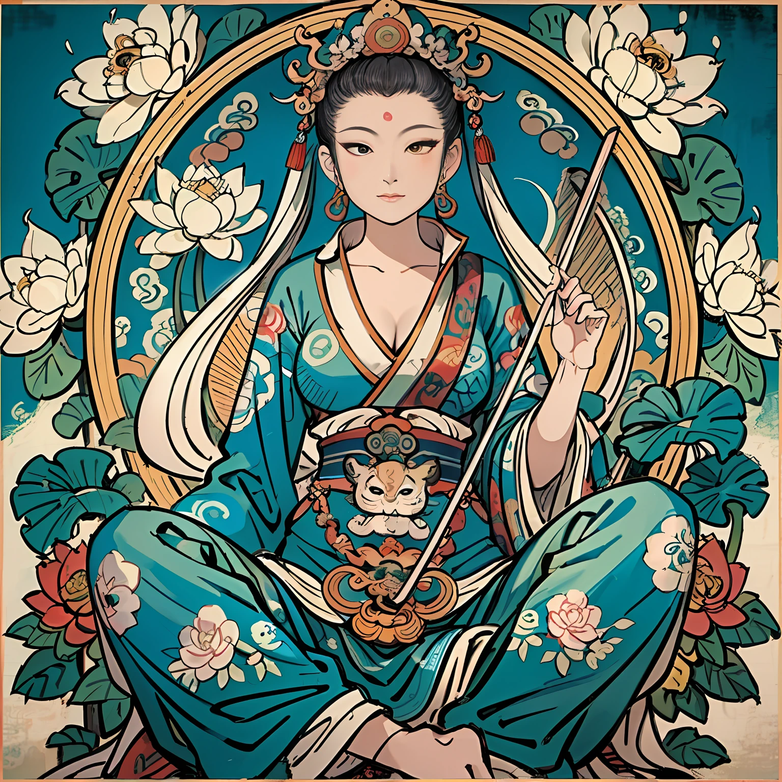 an ancient Chinese goddess, guanyin of the southern seas, Guanyin, Inspired by India, Avalokiteshvara rides a lion,,Serene expression,shui mo hua,Buddha,Buddhist,Lotus,Chinese painting style,Thangka style