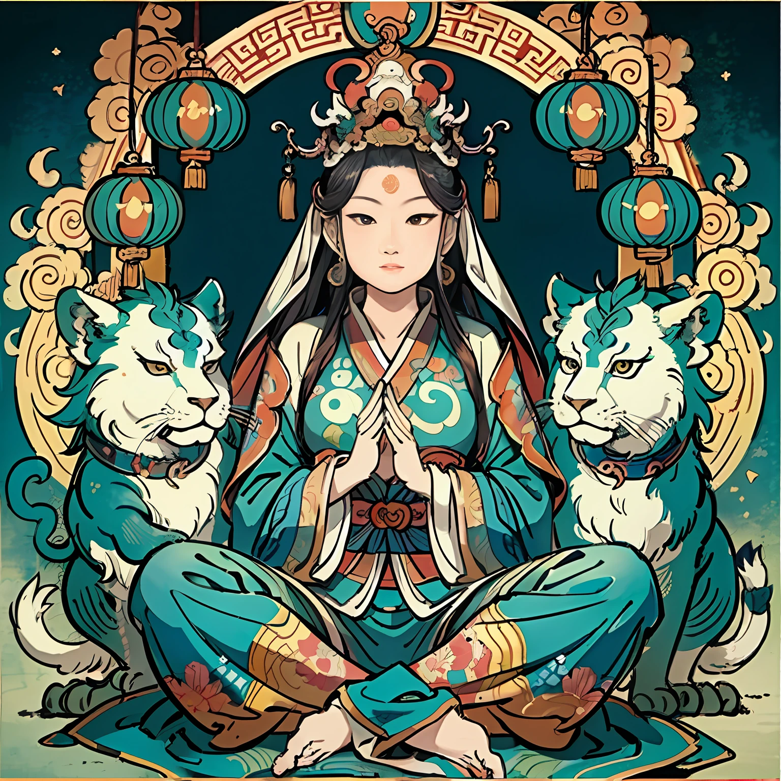 an ancient Chinese goddess, guanyin of the southern seas, Guanyin, Inspired by India, Avalokiteshvara rides a lion,,Serene expression,shui mo hua,Buddha,Buddhist,Lotus,Chinese painting style,Thangka style