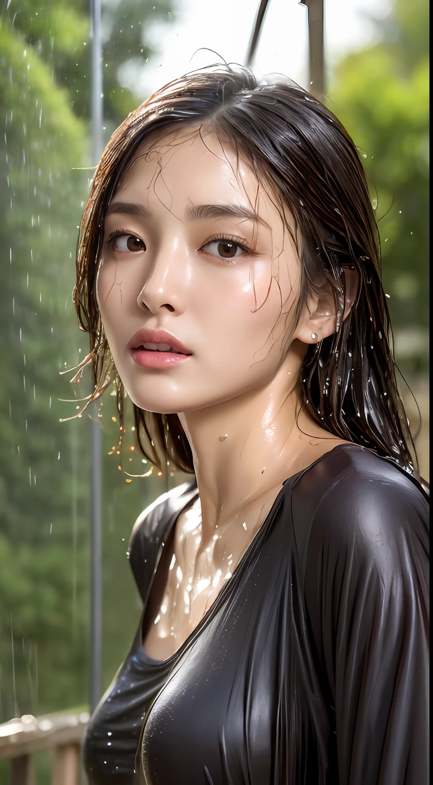 (Best quality, 4k, Masterpiece :1.3), glamorous Japanese woman, 1girl, (skinny, perfect body :1.2), abs :1.1, dark brown hair: 1.1, (outdoor shower, wet clothes :1.2), night clothes, ultra-detailed face, detailed lips, detailed eyes, double eyelid