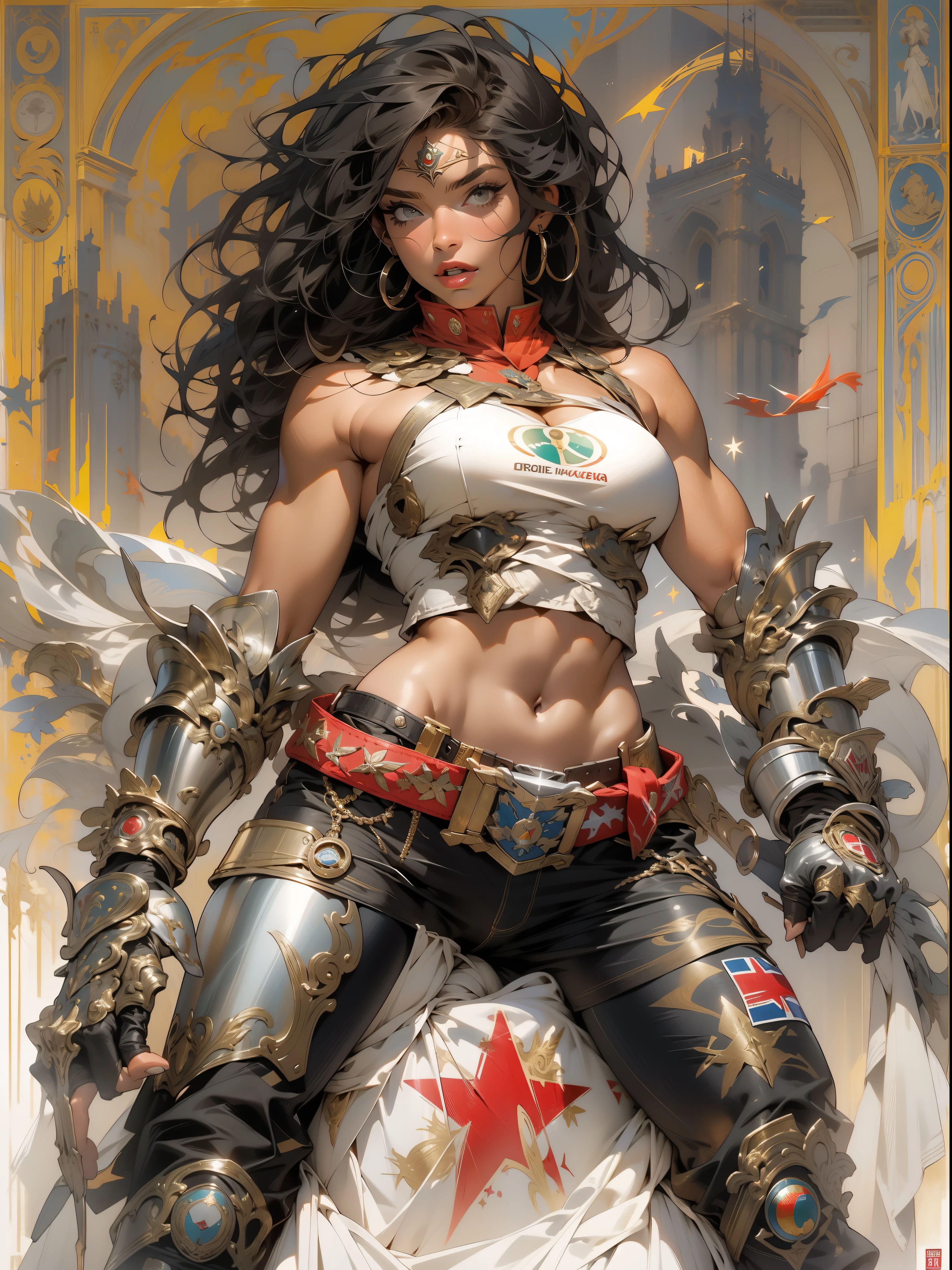 (((mulher))), (((melhor qualidade))), (((obra prima))), (((adulta))), Uma guerreira mulher de 35 anos com corpo perfeito, Brooklyn Gladiators, hand with steel gloves and metal tips, (( under boobs )), quase nua no estilo selvagem urbano de Simon Bisley para a capa da revista 2000 A.D., cabelo loiro, Minimum clothing, armadura (roupa feita com a bandeira do 🇧🇷 ), cheio de pontas e rebites manchadas de tinta, tatuagem de estrelas de 5 pontas, (((corpo inteiro))), cabelo preto curto com franja branca cobrindo a testa