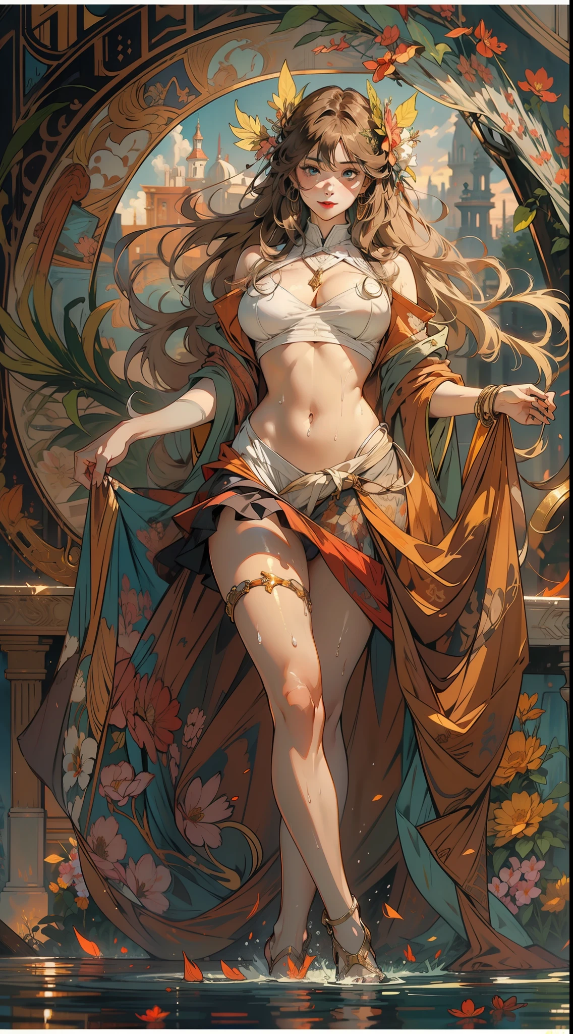 beautiful lady, Alphonse Mucha's style, light reflections, Oil painting, voluminetric lighting,sexy big breasts exposed，1female，36 years old，Huge breasts， 独奏， schoolgirls ， Wear a JK skirt，space，  She has long flowing hair， Bare genitalia， standing on your feet，Bigchest，Wet straight hair，Sweat profusely，drenched all over the body，frontage， hair straight， mostly cloudy sky，（（（tmasterpiece），（Very detailed CG unity 8K wallpaper），best qualtiy，cinmatic lighting，detailed back ground，beatiful detailed eyes，Bright pupils，（Very fine and beautiful），（Beautiful and detailed eye description），ultra - detailed，tmasterpiece，）），facing at camera，A high resolution，ultra - detailed），beautifullegs，Very long hair，legs are open，Emotive expressions，Smile，Open-mouthed，Flushed complexion，Chest sagging，nakeness， Bulge，Expose the genitals，revealing breasts，Camel toes，with no underpants，extremely large bosom，Extremely colorful，Most detailed，fully body photo，The face is well lit