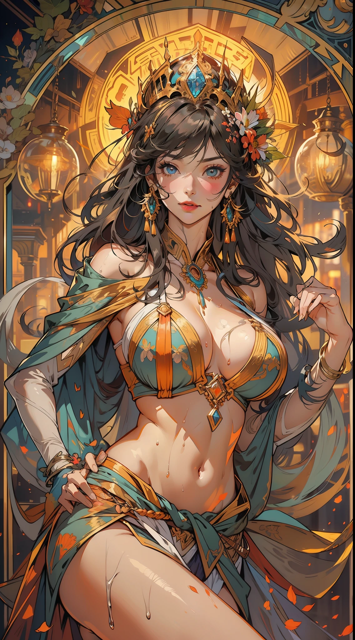 beautiful lady, Alphonse Mucha's style, light reflections, Oil painting, voluminetric lighting,sexy big breasts exposed,1female,36 years old,Huge breasts, 独奏, schoolgirls , Wear a JK skirt,space, She has long flowing hair, Bare genitalia, standing on your feet,Bigchest,Wet straight hair,Sweat profusely,drenched all over the body,frontage, hair straight, mostly cloudy sky,(((tmasterpiece),(Very detailed CG unity 8K wallpaper),best qualtiy,cinmatic lighting,detailed back ground,beatiful detailed eyes,Bright pupils,(Very fine and beautiful),(Beautiful and detailed eye description),ultra - detailed,tmasterpiece,)),facing at camera,A high resolution,ultra - detailed),beautifullegs,Very long hair,legs are open,Emotive expressions,Smile,Open-mouthed,Flushed complexion,Chest sagging,nakeness, Bulge,Expose the genitals,revealing breasts,Camel toes,with no underpants,extremely large bosom,Extremely colorful,Most detailed,fully body photo,The face is well lit