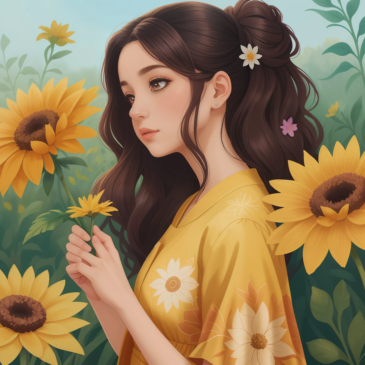 pintando aquarela de mulher segurando um ramo de flores, cabelo preto ondulado, com flores amarelas ao redor, menina anime girassol bonita,linda Delphine, ,com flores, usando um vestido preto