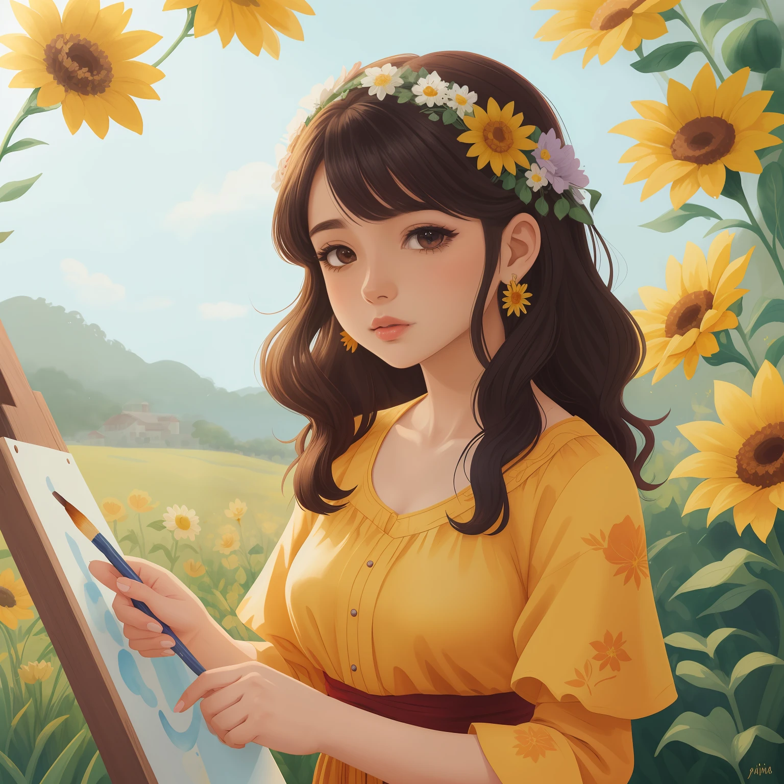 pintando aquarela de mulher segurando um ramo de flores, cabelo preto ondulado, com flores amarelas ao redor, menina anime girassol bonita,linda Delphine, ,com flores, usando um vestido preto