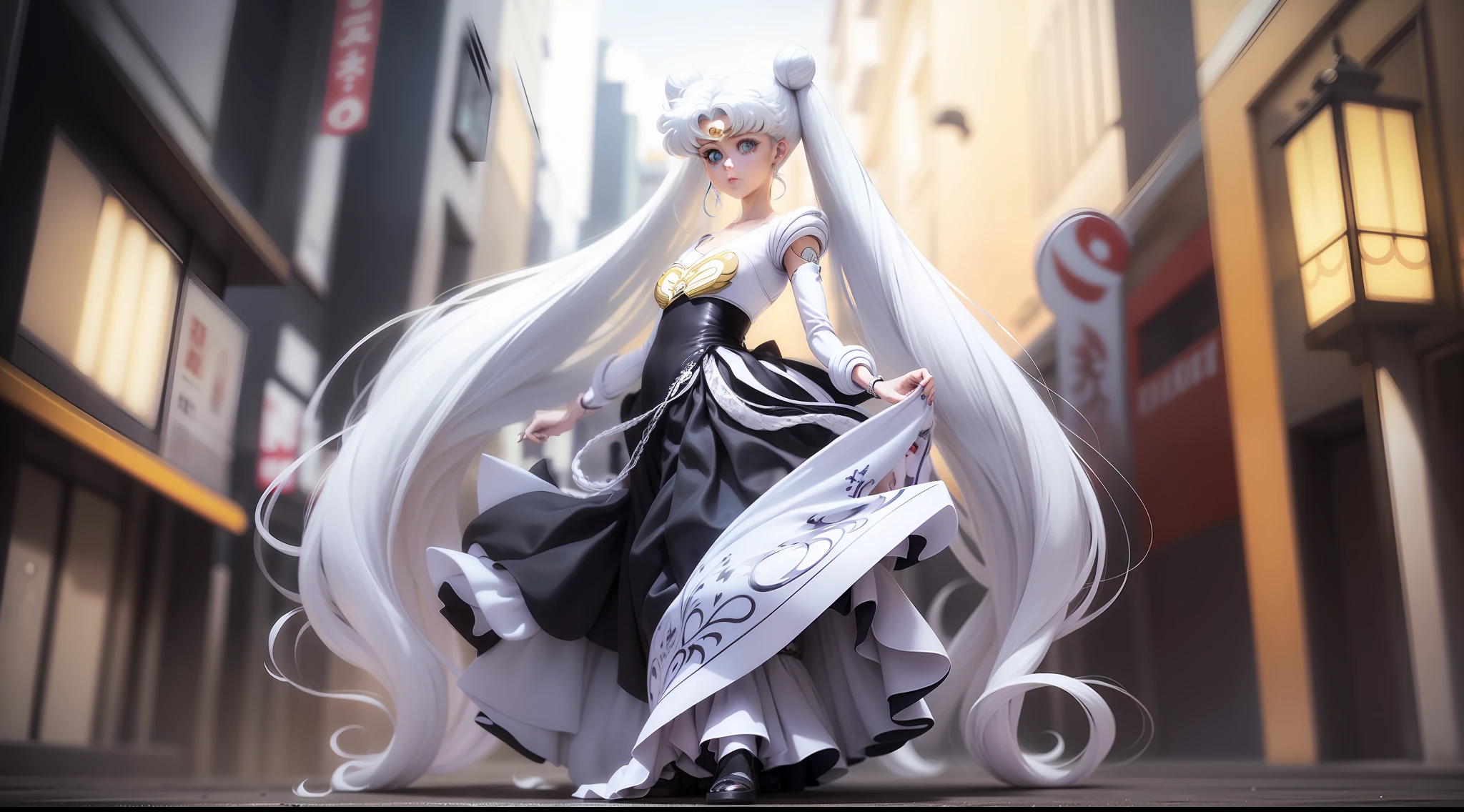 white girl (Sailor Moon) in fashionable clothes, Modern Japanese Fashion Clothing, white colored hair, Long white hair, gray hairs, Two bundles on the head, Odango hairstyle, pale skin, Cyan eyes , in full height, can be seen in full growth, Dynamic posture, Unusual camera angle, Against the backdrop of a Japanese night city