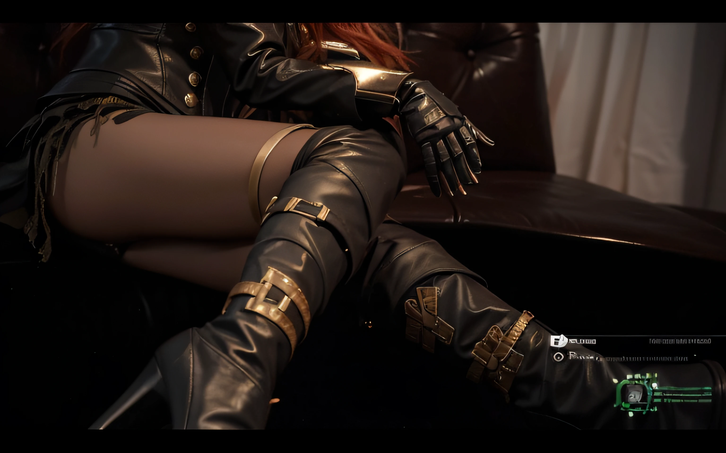 There is a woman in a black outfit and boots lying on a sofa, Meias de couro, tiro detalhado pernas-up, Imagens de cutscene, botas de couro e capa, botas assassinas, Em Assassin's Creed 3, pernas detalhadas, 2b, 2 b, close-up nas pernas, pernas grossas de warframe, detailed legs towering over you, Botas de couro coxa-cano