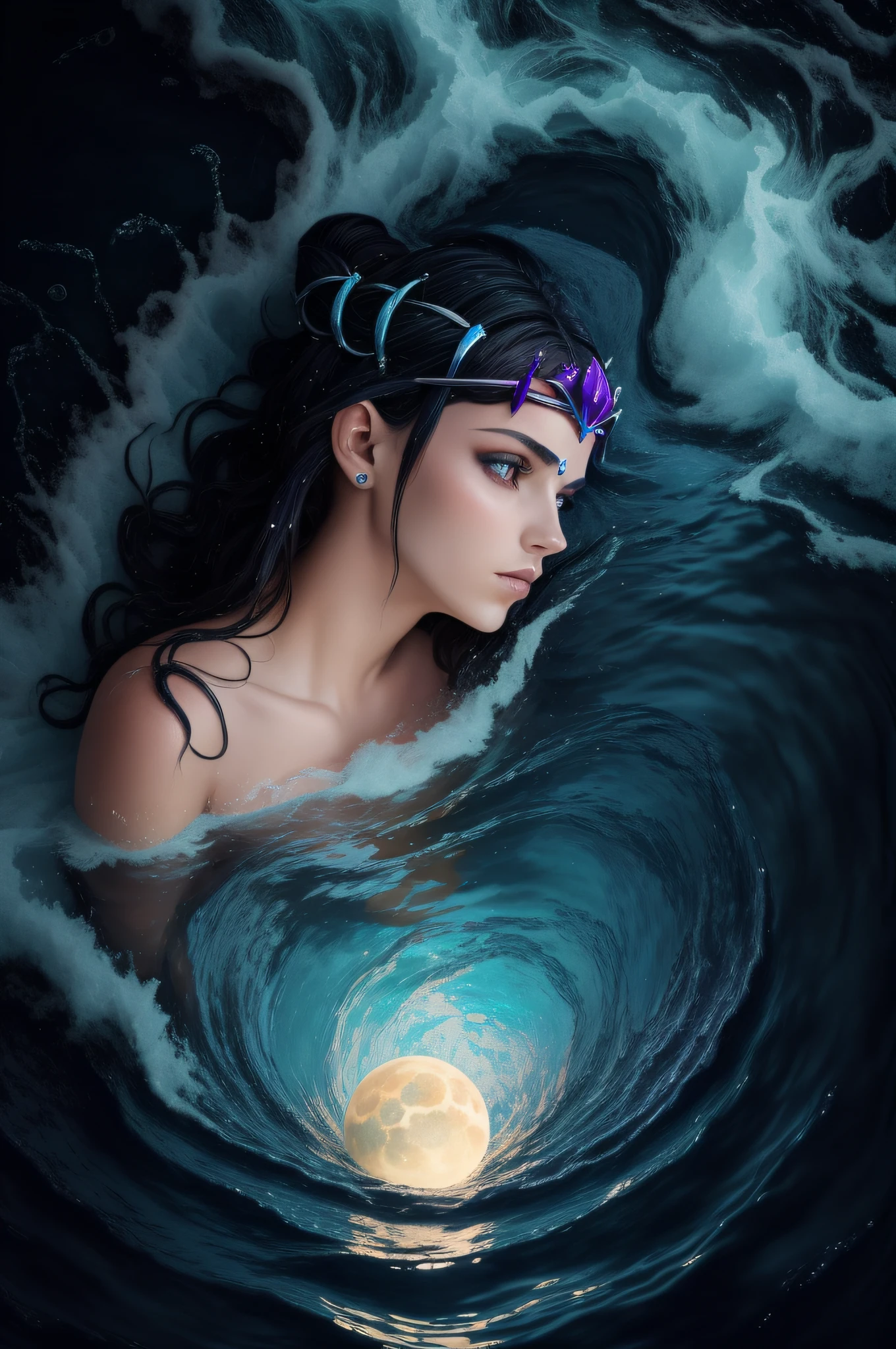 alta qualidade, uma bruxa da agua, flowing blue hair, muitos demonios, floresta negra, rosto perfeito, , beautifull lips, warm ilumination , usando uma tiara de osso e brincos de argola,vestido longo com fendas nas partes inferiores, com agua em seu redor , na frente do mar escuro com o reflexo da lua na agua , tendo foco no corpo