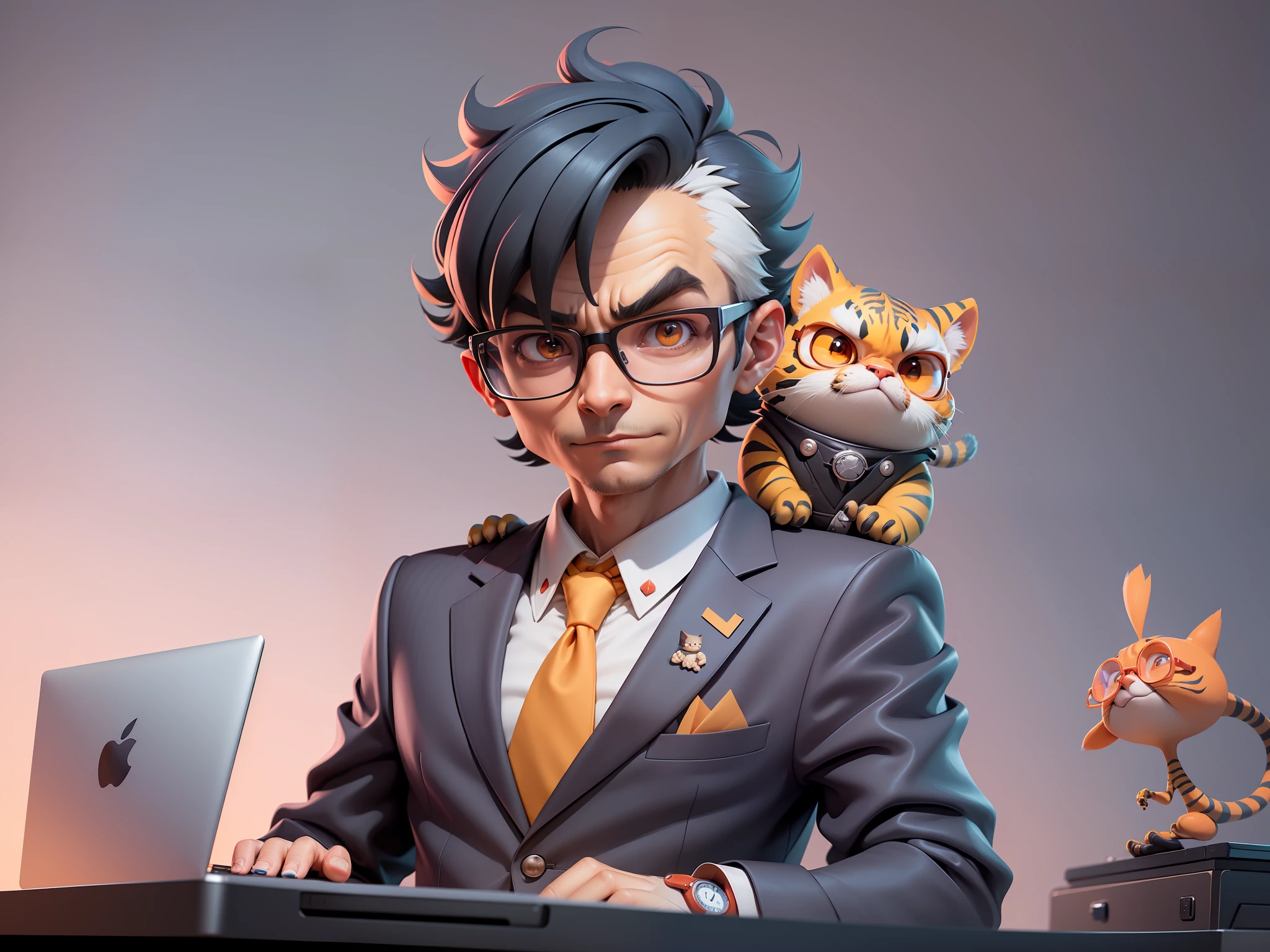 A young man in a suit, Short hair and glasses sat at his desk，holding laptop，digitial painting，tigre，3D character design by Mark Clairen and Pixar and Hayao Miyazaki and Akira Toriyama，4K HD illustration，Very detailed facial features and cartoon-style visuals。