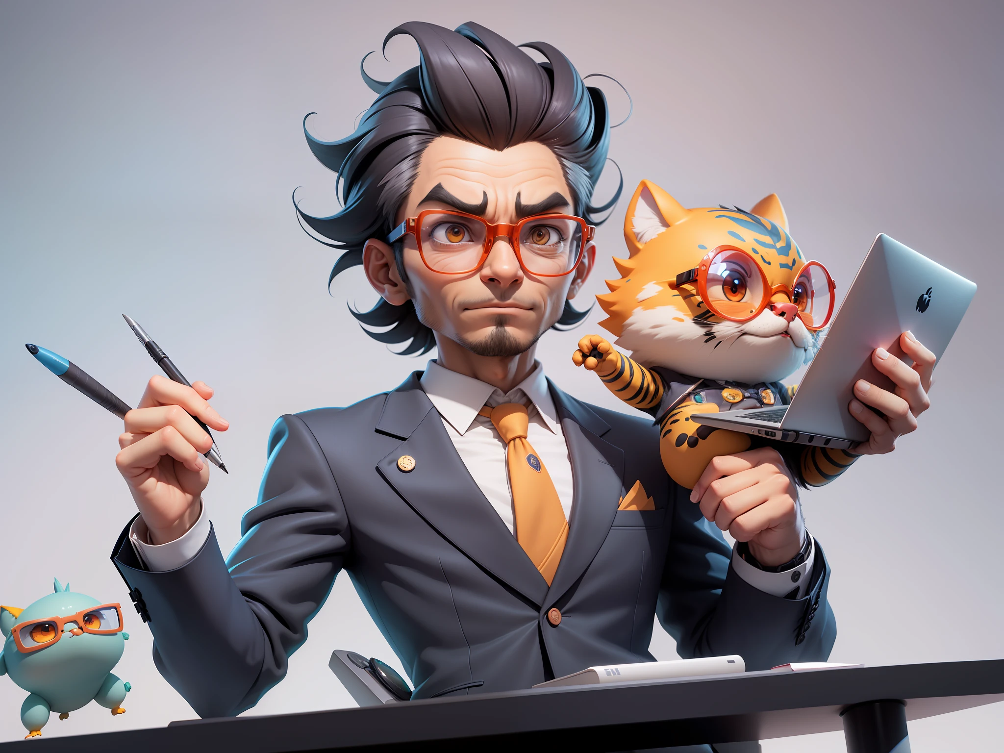 A young man in a suit, Short hair and glasses sat at his desk,holding laptop,digitial painting,tigre,3D character design by Mark Clairen and Pixar and Hayao Miyazaki and Akira Toriyama,4K HD illustration,Very detailed facial features and cartoon-style visuals。
