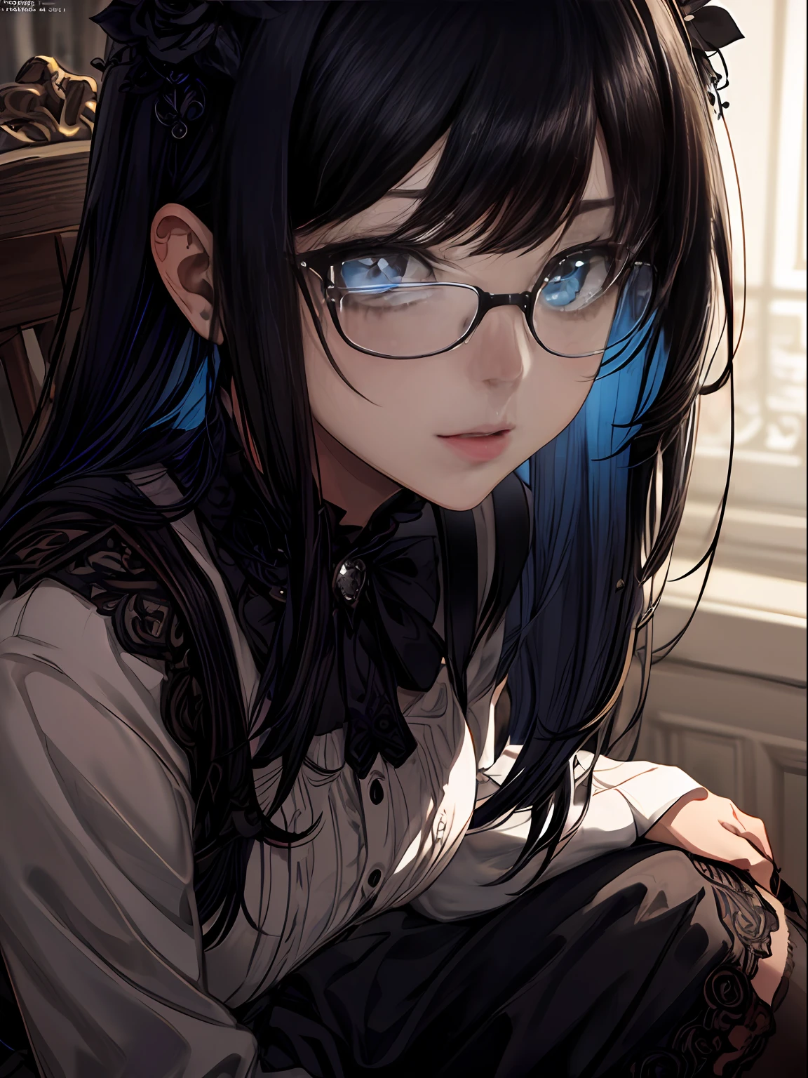 sitting,hand between legs,maid, glasses, over-kneehighs,ahegao ,fucked silly,sexual ecstasy,drunken eyes,blunt bangs, black hair,(masterpiece:1.2, best quality), (finely detailed beautiful eyes: 1.2), (detailed background,dark fantasy), (beautiful detailed face), high contrast, (best illumination, an extremely delicate and beautiful), ((cinematic light)), colorful, hyper detail, dramatic light, intricate details,