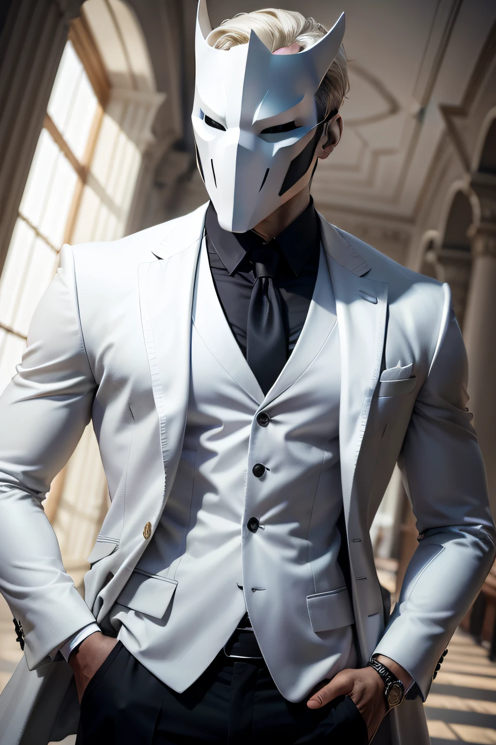 men in suit and white mask