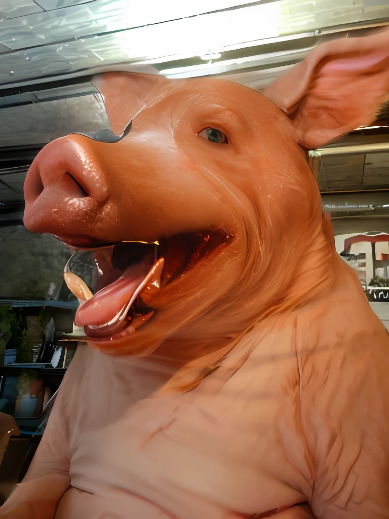 There is a pig that is sitting on a bench with its head on the table, olhar malicioso :: octan render, CGI fotorrealista | | |, hyper realistic 3d rendering, hyper realistic render, hyper realistic detailed rendering, WLOP : : 6 octane render : : 3, ultra realistic 3d illustration, ultra realistic rendering, imagem ultra realista, realistic cgi render
