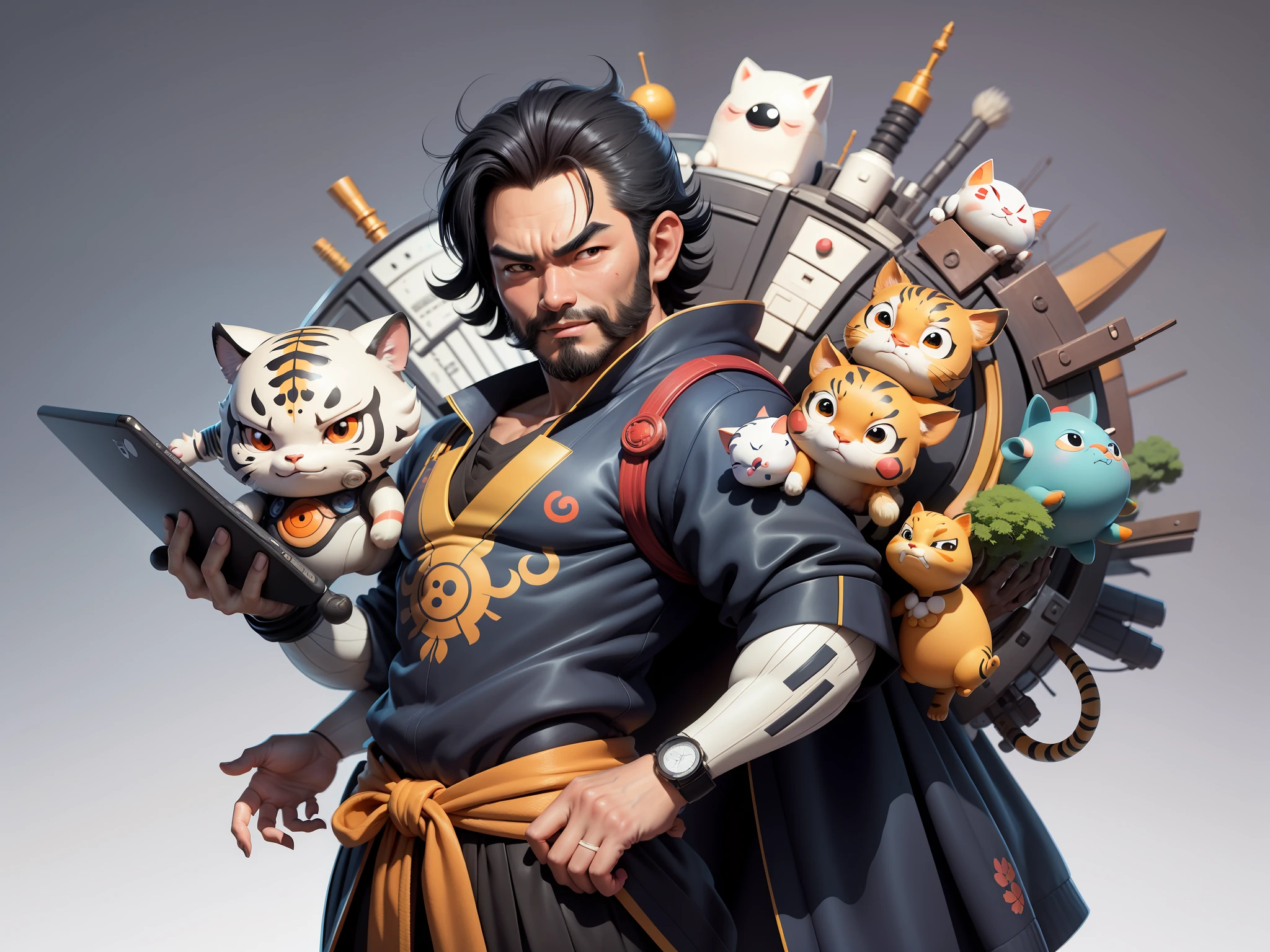 (Daisaku),(Need),(Super meticulous),(full bodyesbian:1.2),Super young man with Japanese geisha，Beautiful，orient，one tiger，Aeolian Thor，Raised sexy，爆乳，Oriental face，TV Anchor，Bust portrait illustration，In black suit，a blue tie，The face is slightly chubby，The face was clean，without a beard，Black super short hair，Black eyes，Smile confidently，3C computer sub-products，iPad， iphone，Digital painting，3D character design by Mark Clairen and Pixar and Hayao Miyazaki and Akira Toriyama，The illustration is a high-definition illustration in 4K resolution，With very detailed facial features and cartoon-style visuals。