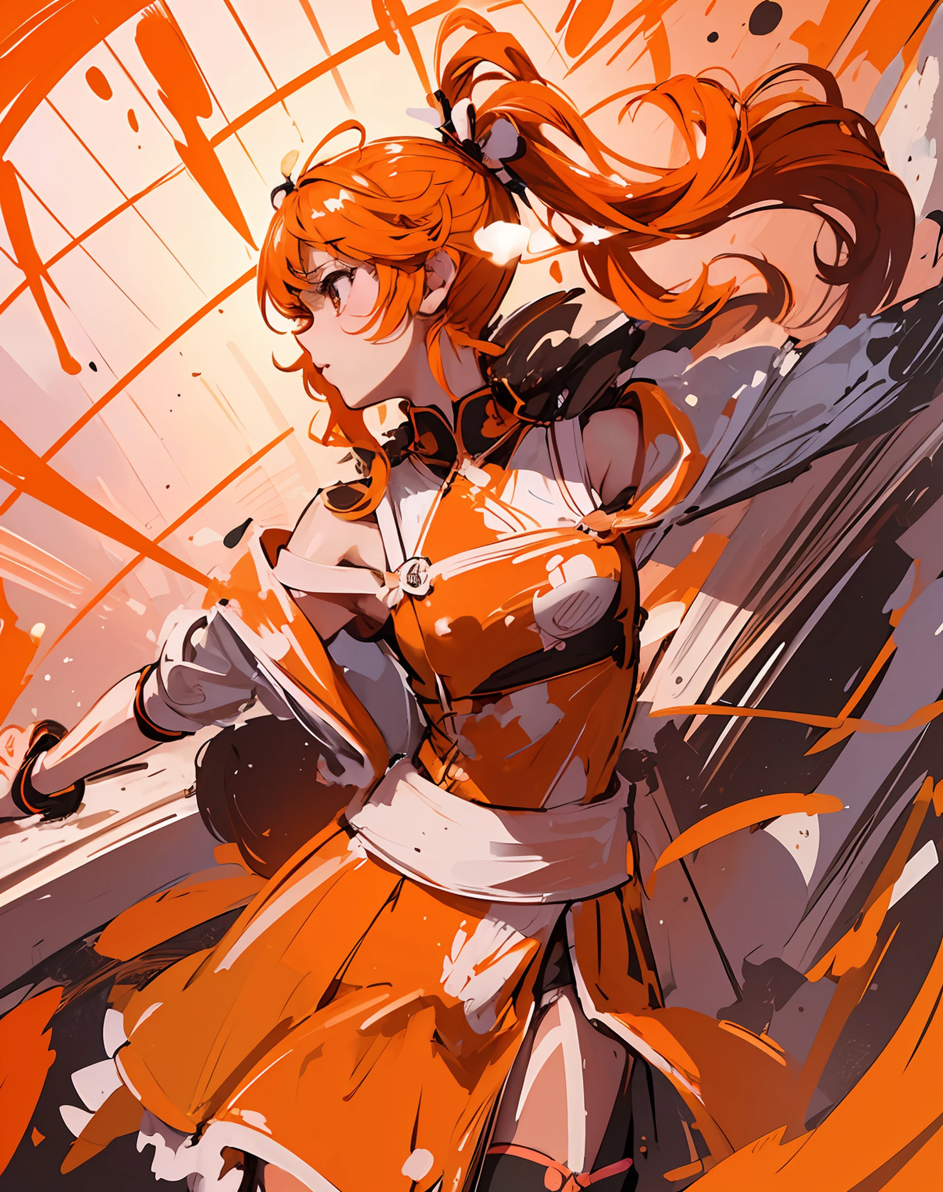 (highres, best quality:1.2), radiance, soft contours, beautiful drawing, (masterpiece), 1girl, orange twintails, stylish fashionable clothes, bright blurred background