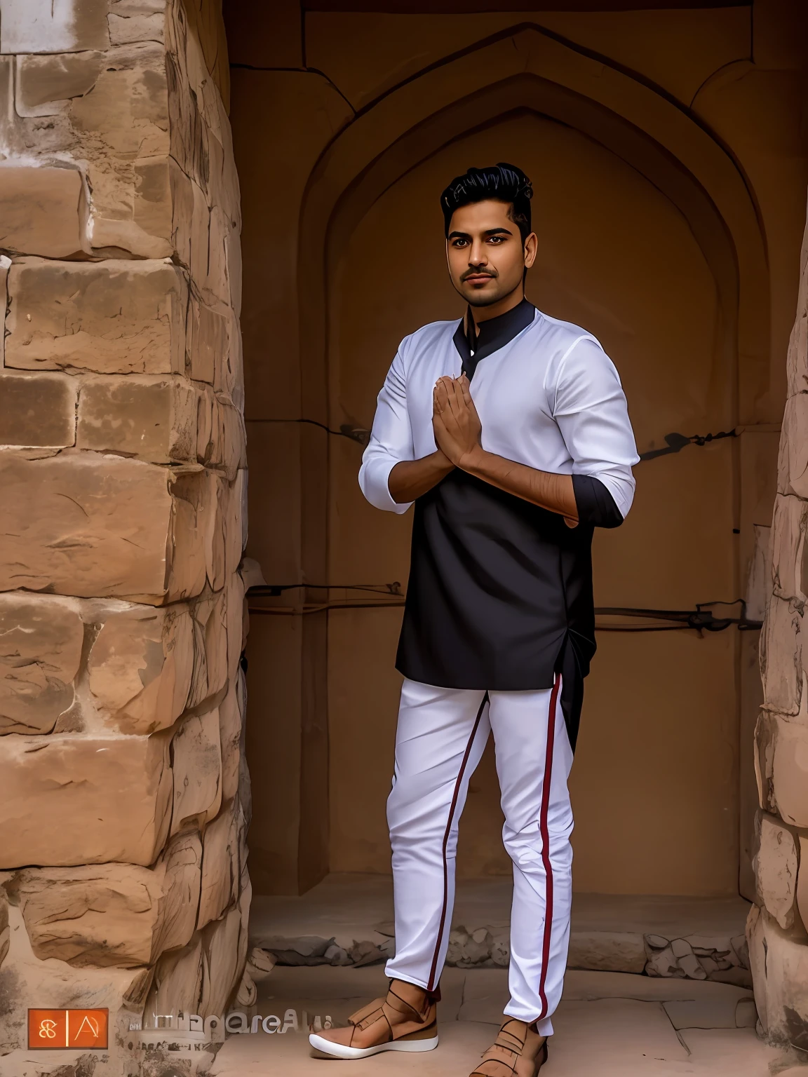 arafed man standing in a doorway with his hands folded, full body photogenic shot, very artistic pose, with a cool pose, standing near a castle, cool pose, standing pose on stones, inspired by Kailash Chandra Meher, full body picture, satisfied pose, inspired by Saurabh Jethani, shot on sony a 7, very cool pose