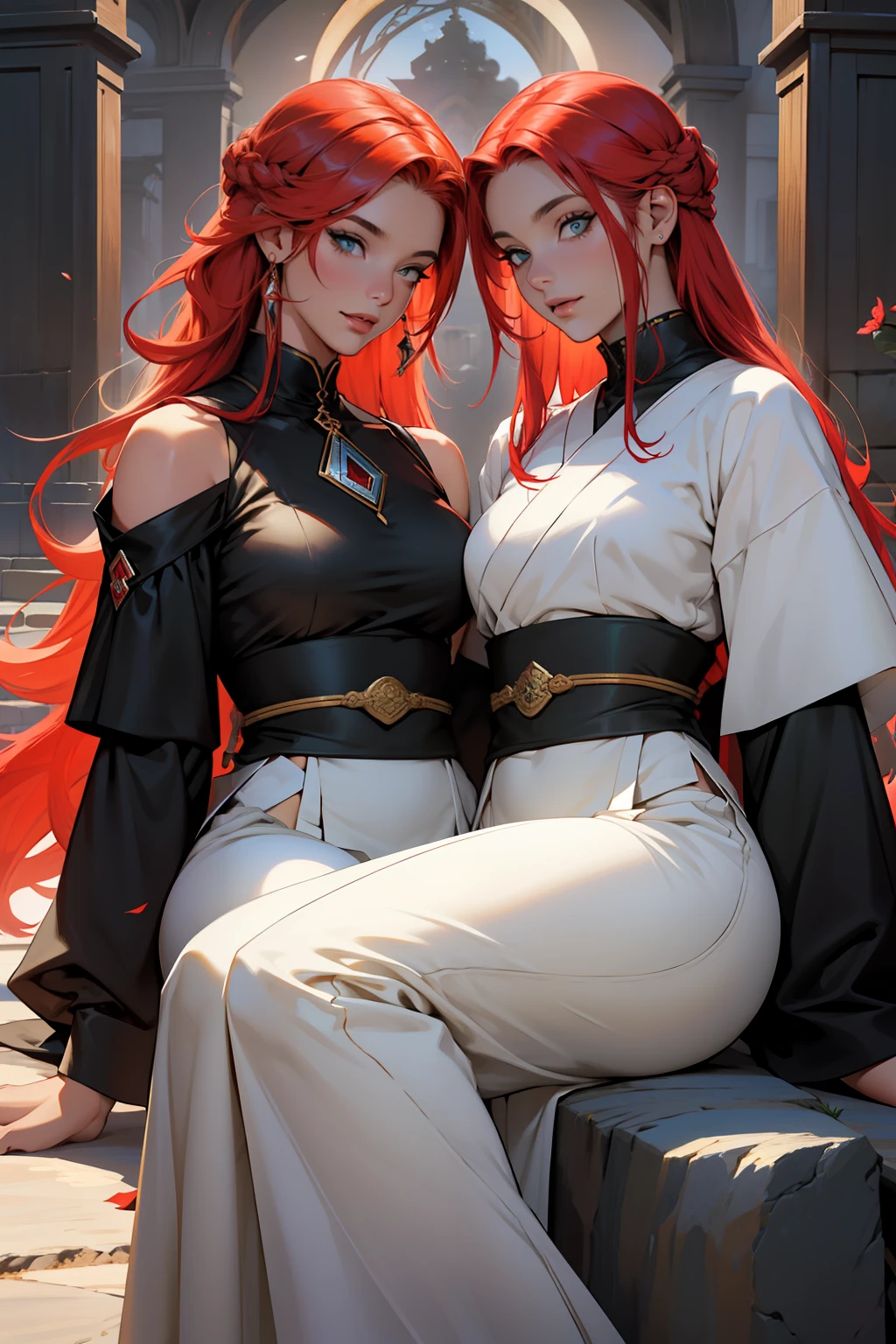 ((melhor qualidade)), ((obra-prima)), (altamente detalhado:1.3), duas mulheres, 2 women identical red-haired twin sisters with sereja colored hair, Cabelos Longos, fartohos bonitos, uma com olhar sedutor em um quimono p, a outra com um quimono brancum olhar gentil, Running with wolves on a plateau in feudal Japan Two seductive women, cabelos vermelhos cor de cereja, longos cabelos vermelhos, twin sisters, cabelos vermelhos, Elengantes, Two young women, com longos cabelos vermelhos cereja e olhos verde-esmeralda, rosto bonito, rosto detalhado, Grande seiso, seios fartos, rosrfeitoetailed hands, Pacotes Perfeitos Quimonos de Luxo, sisters,heres bonitas, Perfect lips, fleshy lips, seios grande,s seios suculentoios fartos, idel twin sisters 2 widentitwins, siting in wolves