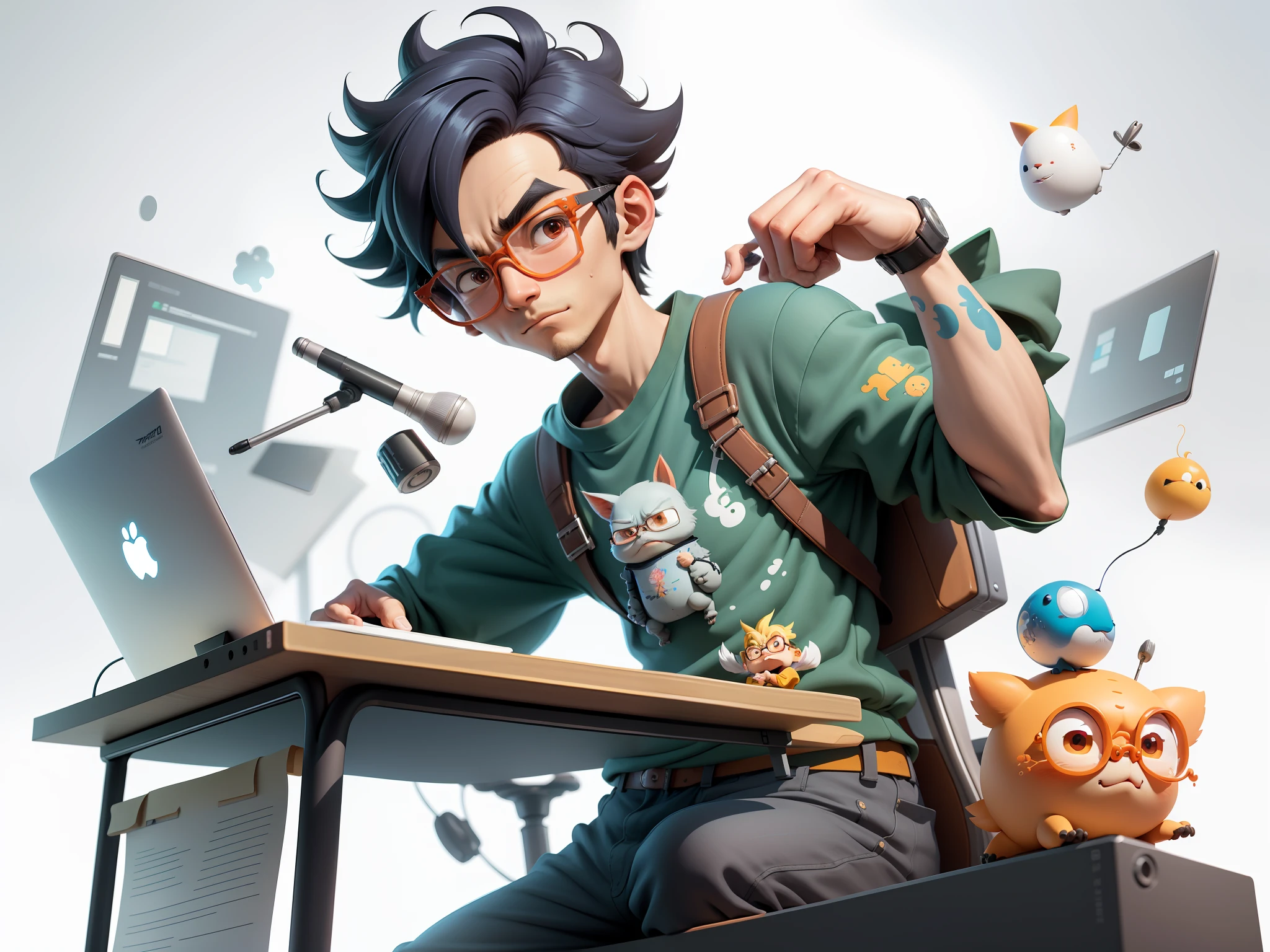 A young man with glasses sits at his desk,holding laptop,digitial painting,3D character design by Mark Clairen and Pixar and Hayao Miyazaki and Akira Toriyama,4K HD illustration,Very detailed facial features and cartoon-style visuals。