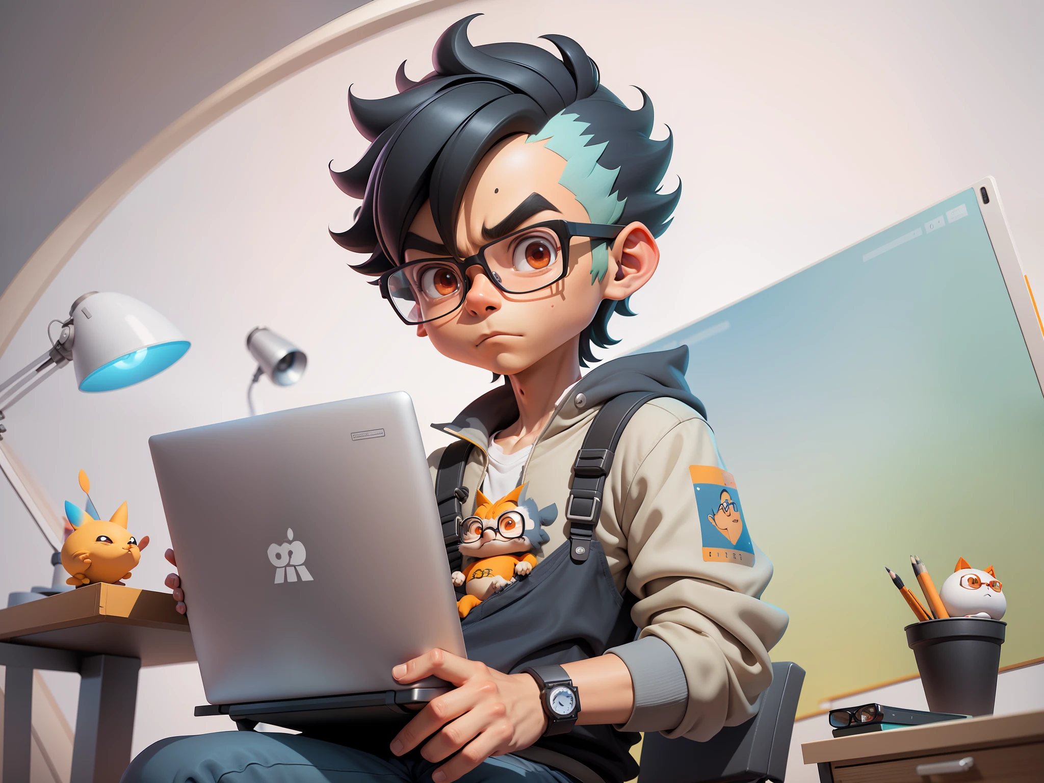 A young man with glasses sits at his desk,holding laptop,digitial painting,3D character design by Mark Clairen and Pixar and Hayao Miyazaki and Akira Toriyama,4K HD illustration,Very detailed facial features and cartoon-style visuals。