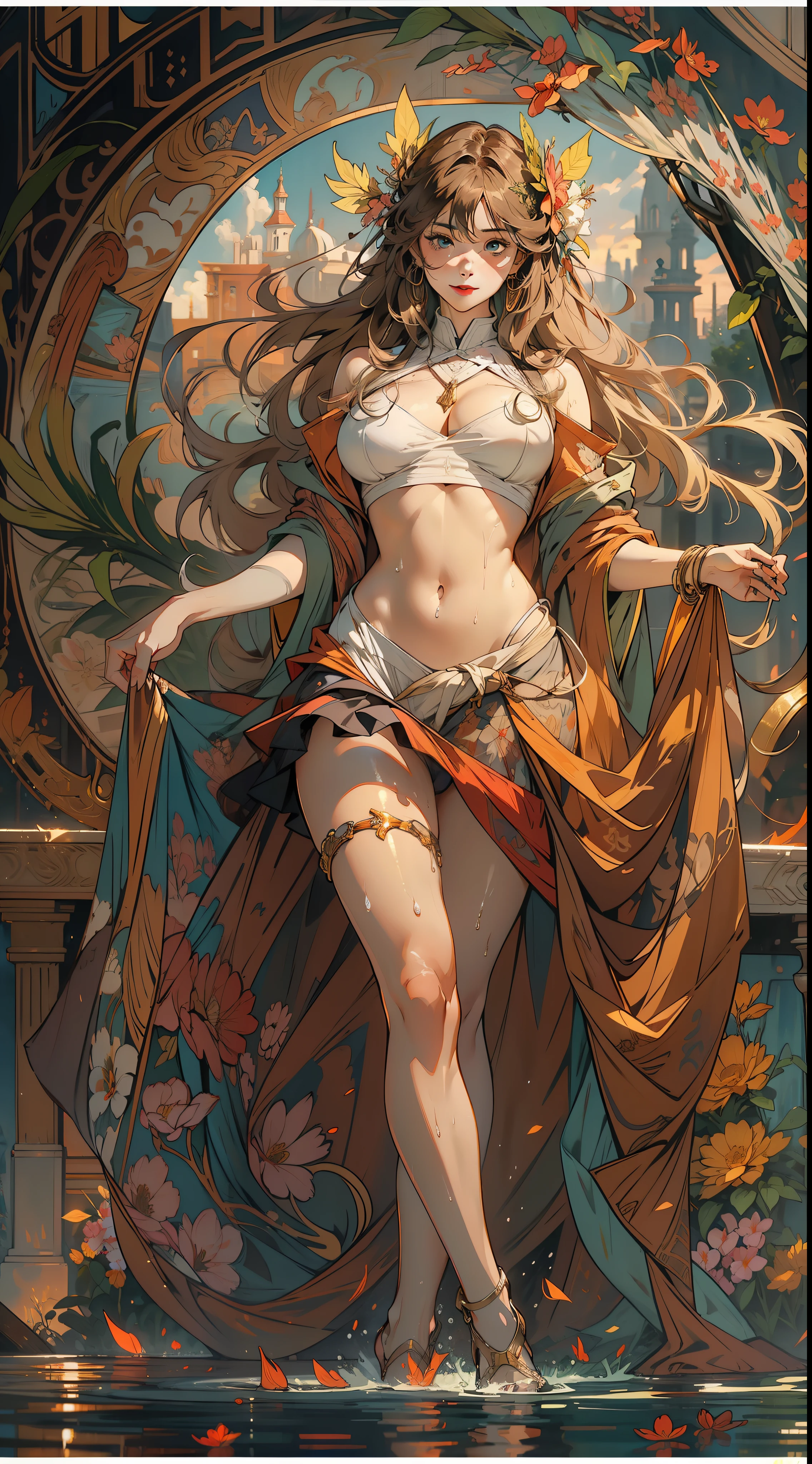 beautiful lady, Alphonse Mucha's style, light reflections, Oil painting, voluminetric lighting,sexy big breasts exposed,1female,36 years old,Huge breasts, 独奏, girls , Wear a JK skirt,space, She has long flowing hair, Bare genitalia, standing on your feet,Bigchest,Wet straight hair,Sweat profusely,drenched all over the body,frontage, hair straight, mostly cloudy sky,(((tmasterpiece),(Very detailed CG unity 8K wallpaper),best qualtiy,cinmatic lighting,detailed back ground,beatiful detailed eyes,Bright pupils,(Very fine and beautiful),(Beautiful and detailed eye description),ultra - detailed,tmasterpiece,)),facing at camera,A high resolution,ultra - detailed),beautifullegs,Very long hair,legs are open,Emotive expressions,Smile,Open-mouthed,Flushed complexion,Chest sagging,nakeness, Bulge,Expose the genitals,revealing breasts,Camel toes,with no underpants,extremely large bosom,Extremely colorful,Most detailed,fully body photo,The face is well lit