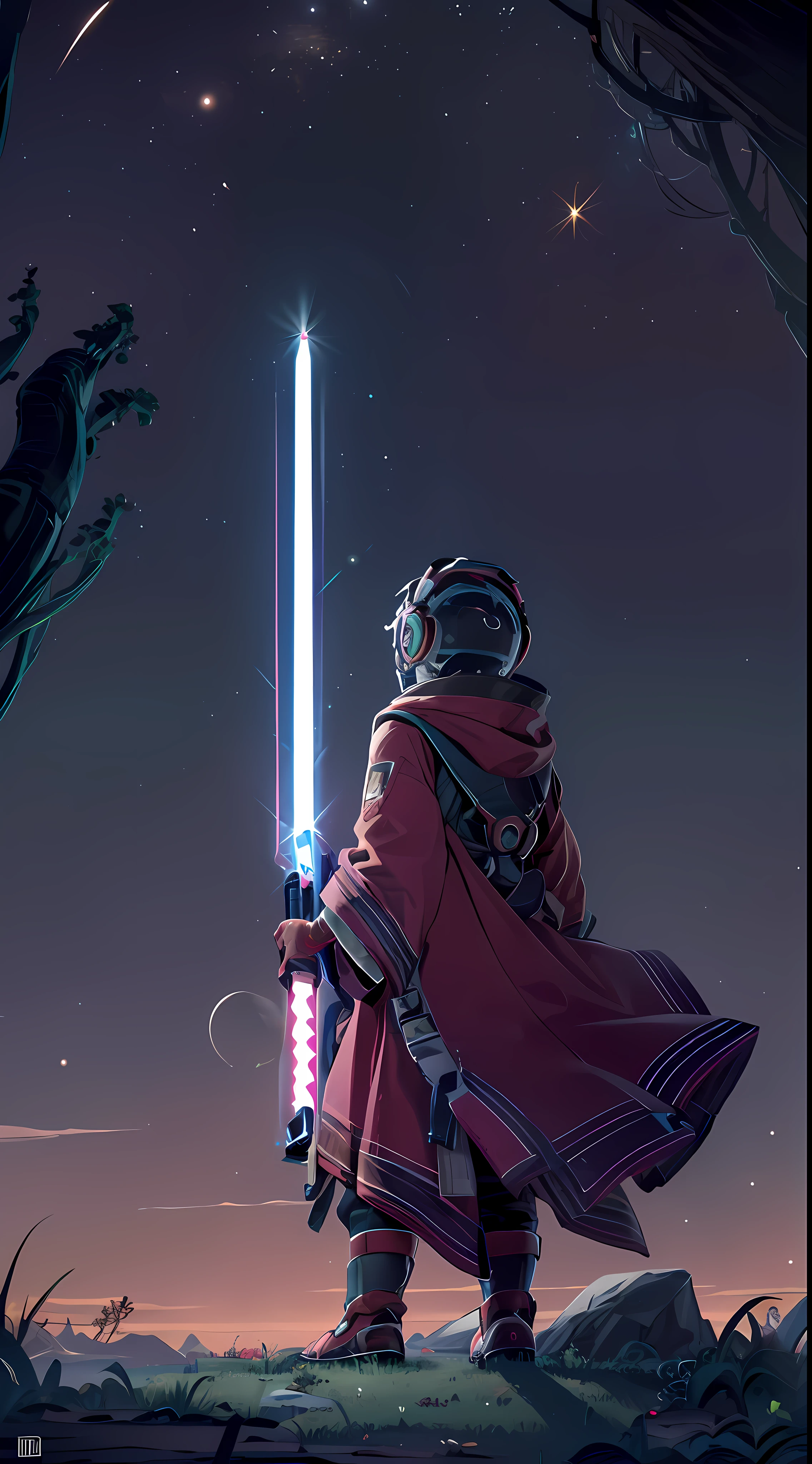 ((highly detailed, extremely detailed CG unit 8k wallpaper, illustration, highres, absurdres)), ((masterpiece)),
nomanskyai, planetary landscape, 1other, ambiguous gender, eyes, jedi robe, holding jedi lightsaber, night landscape, from behind, outdoor, gloves, 1child, rock, standing, wide plane,, alone, tree, brake, boots, helmet,atlas,night sky, many stars