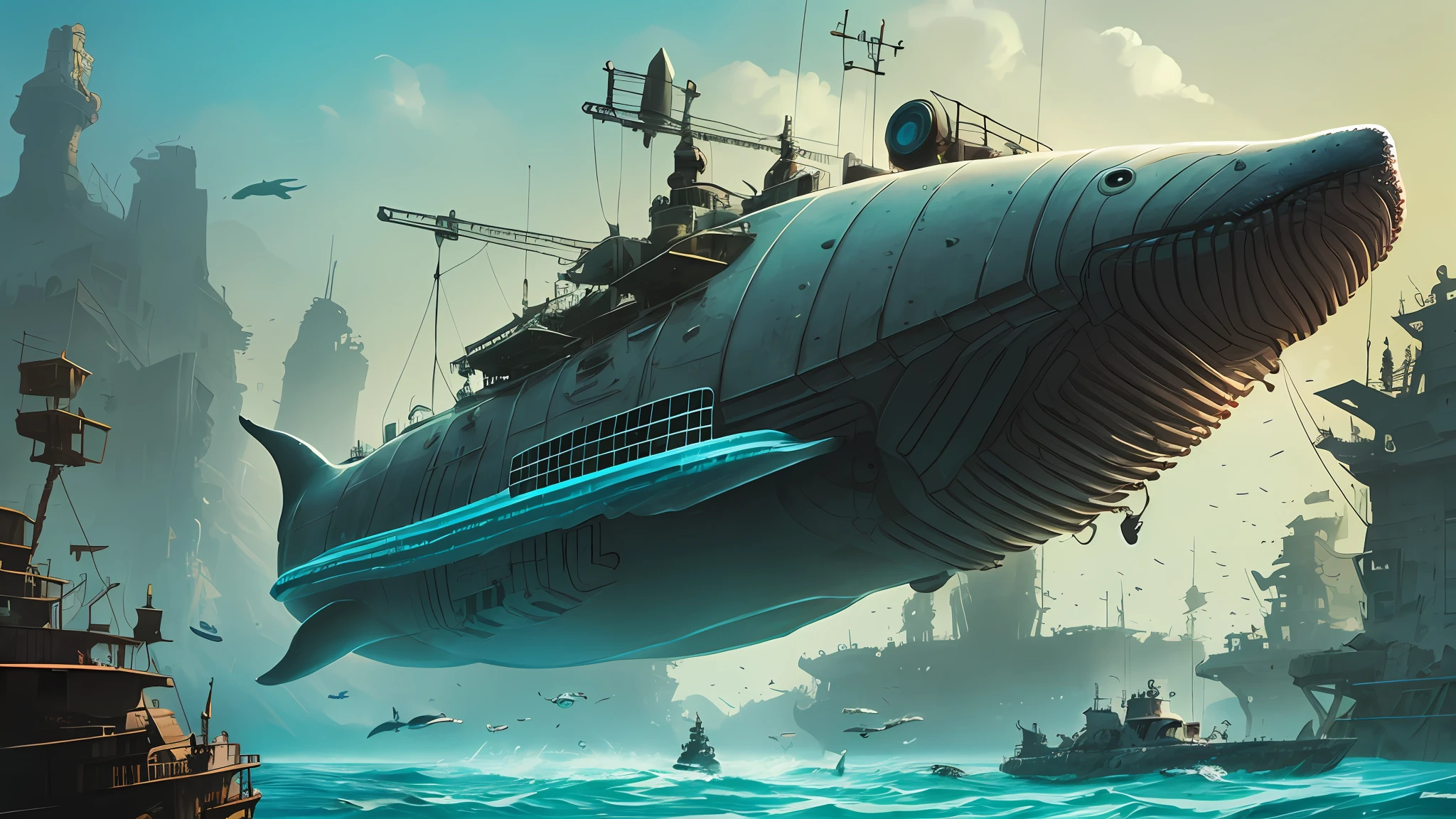 robotic whale, under water, under water lost city,  bright sunny day, in style of ian mcque --auto --s2