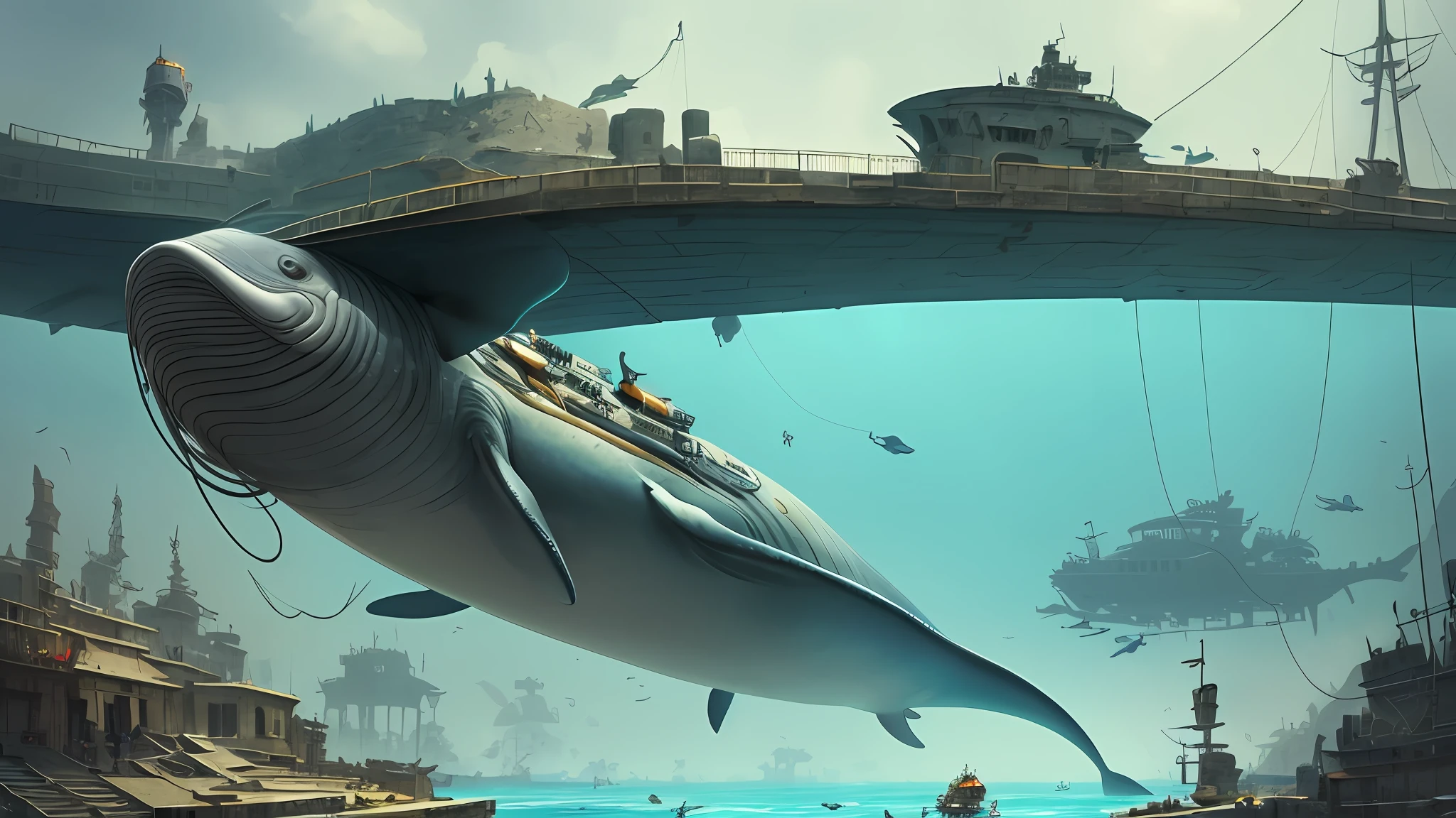robotic whale, under water, under water lost city, bright sunny day, in style of ian mcque --auto --s2