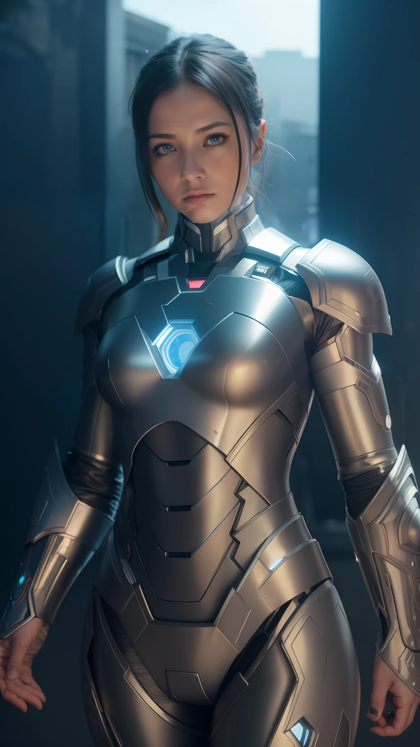 Girl full body shot of ironman costume in white and gold armour style suit, white cape, perfect composition, beautiful detailed intricate insanely detailed octane render trending on artstation, 8 k artistic photography, photorealistic concept art, soft natural cinematic perfect light, chiaroscuro, award - winning photograph, masterpiece, oil on canvas, raphael, caravaggio, greg rutkowski, beeple, beksinski, giger, sharp focus, studio photo, intricate details, highly detailed, night city background, by greg rutkowski