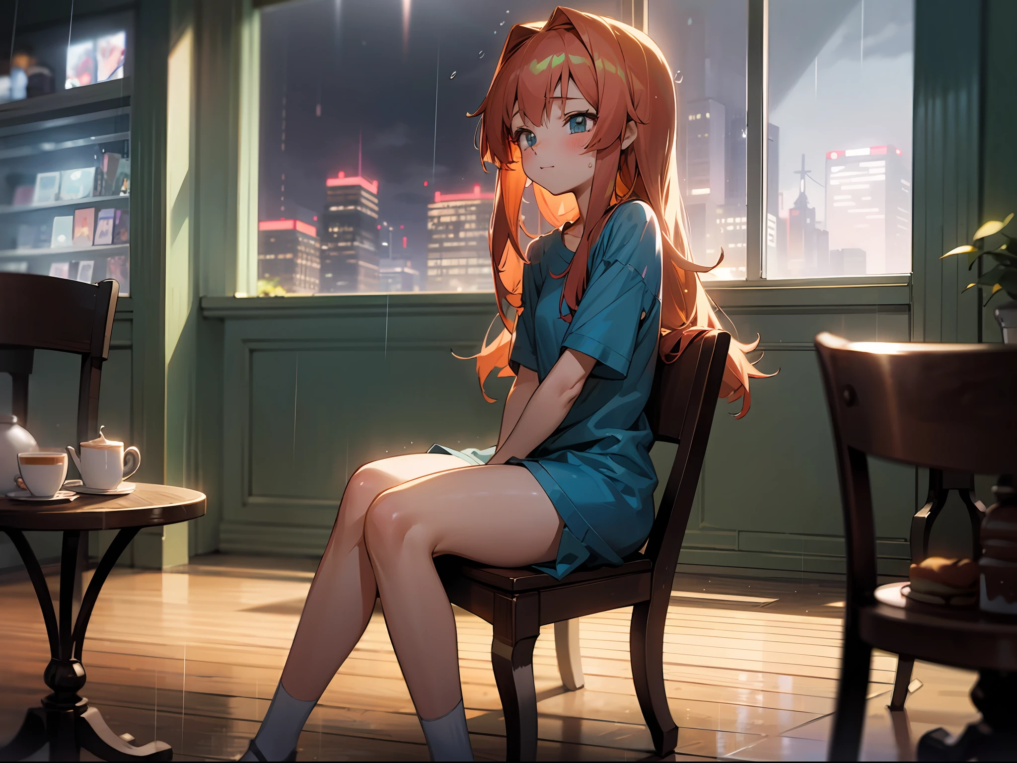 anime girl with red long hair, wearing blue tshirt , anime moe artstyle, full body seductive anime girl, sitting on the chair, cafe, warm lights, night, rain drops at the window, cup, cake, blush, cute anime 8 k, , (anime girl), zerochan art, 1girl, h, high res, ultrasharp, 8k, masterpiece, perfect body, perfect face, cute face,