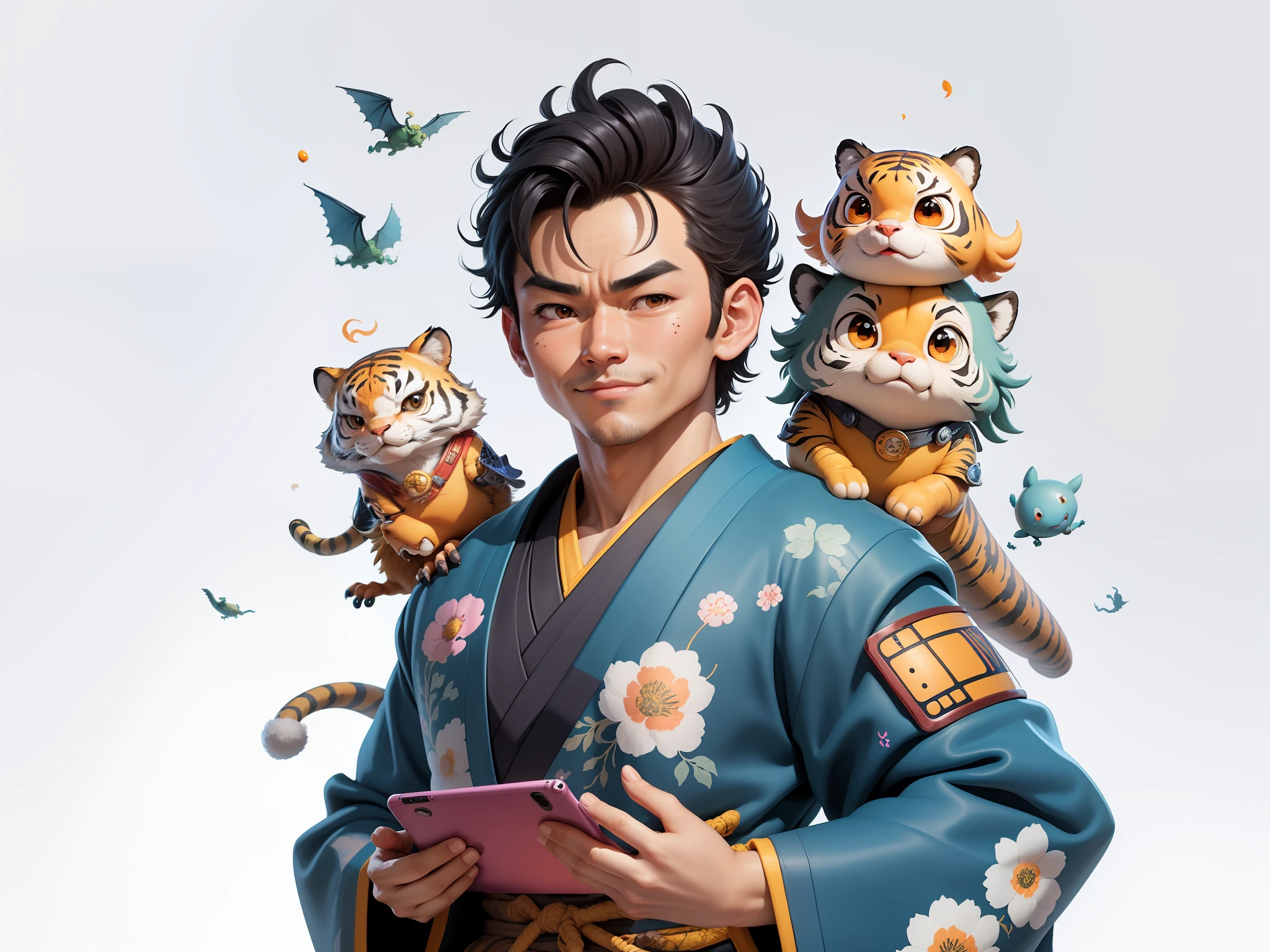 (Masterpiece), (Excellent), (Super Meticulous), (Full Body: 1.2), Super Young Man, Oriental Face, Japanese Kimono, Japanese Wind Thunder God, Dragon, Tiger, TV Anchor, Bust Portrait Illustration, Alone, Black Suit, Blue Tie, Slightly Chubby Face, Very Clean Face, No Beard, Black Super Short Hair, Black Eyes, Confident Smile, 3c Computer Sub-Products, iPad, iPhone, Digital Painting, 3D Character Design by Akira Toriyama and Mark Claireden and Pixar and Hayao Miyazaki, The illustration is a high-definition illustration in 4K resolution with very detailed facial features and cartoon-style visuals.