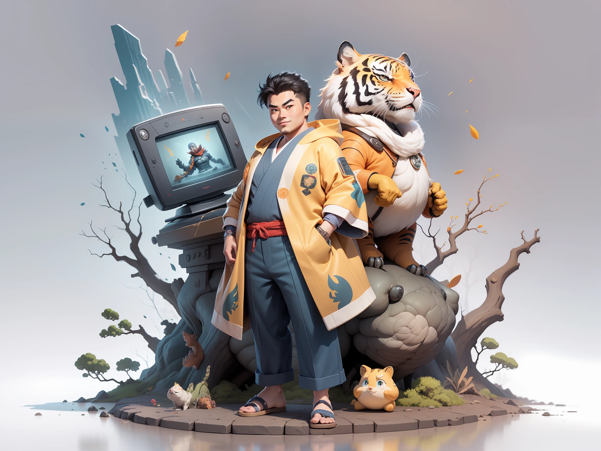 (Masterpiece), (Excellent), (Super Meticulous), (Full Body: 1.2), Super Young Man, Oriental Face, Japanese Kimono, Japanese Wind Thunder God, Dragon, Tiger, TV Anchor, Bust Portrait Illustration, Alone, Black Suit, Blue Tie, Slightly Chubby Face, Very Clean Face, No Beard, Black Super Short Hair, Black Eyes, Confident Smile, 3c Computer Sub-Products, iPad, iPhone, Digital Painting, 3D Character Design by Akira Toriyama and Mark Claireden and Pixar and Hayao Miyazaki, The illustration is a high-definition illustration in 4K resolution with very detailed facial features and cartoon-style visuals.