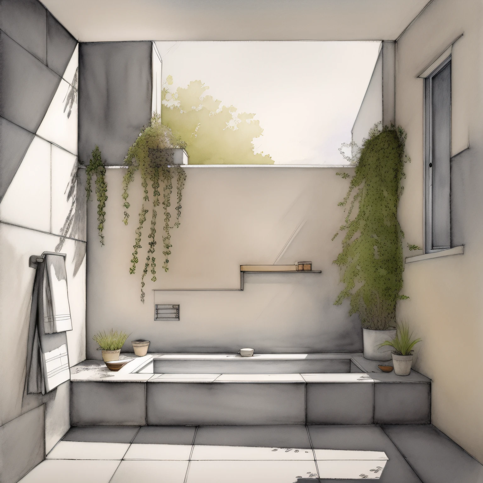 Watercolor sketch of bathroom with stone walls, Piso de concreto, Luz natural, plantas, Arquitectura de bienestar, Lavado ligero, Detalle profesional, warm colours, Wabi sabi, Artistic impression, Artistic impression, por Hamish MacDonald, por Carey Morris, por David Brewster, More detailed illustration, por Helen Berman, An illustration, detailed illustration, por Nick Fudge, por Warren Mahy, Artist's impression