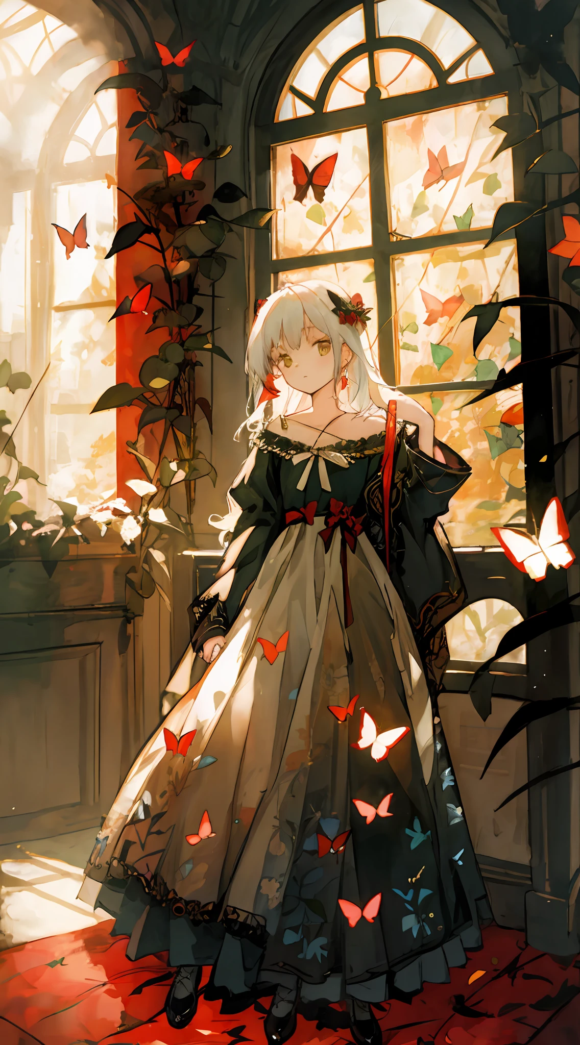 Red butterfly，softlighting，soft focus，Hazy picture，Huge stained windows，The windows are transparent，1girll，Golden birdcage，Thorny vines，Red butterfly，mitts，（very intricate），Exquisite，Complex hairstyles，long  skirt，RococoStyle，Bow knot，Cross straps，Gorgeous dress，Large skirt，frilld，Love decoration，（Elegant vintage clothing design），rosette，whaite hair，long  white hair，The brightness of the picture is high，Low contrast，The overall feeling is like an oil painting，trpical garden，Close-up，Close-up Shot Shot，Holy，Holy