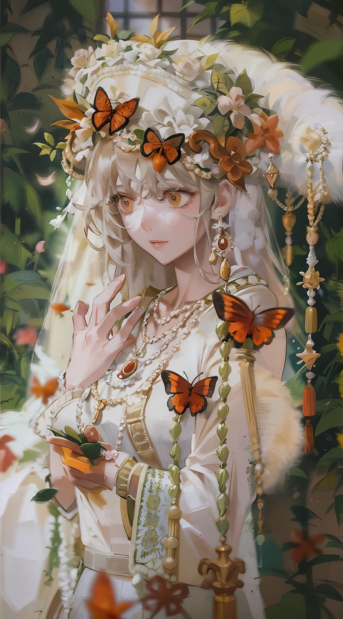 Red butterfly，Butterfly headdress，Flying butterflies，Fluttering petals，Fluttering hair，softlighting，soft focus，Hazy picture，Huge stained windows，The windows are transparent，1girll，Golden birdcage，Thorny vines，Red butterfly，mitts，（very intricate），Exquisite，Complex hairstyles，long  skirt，RococoStyle，Bow knot，Cross straps，Gorgeous dress，Large skirt，frilld，Love decoration，（Elegant vintage clothing design），rosette，whaite hair，long  white hair，The brightness of the picture is high，Low contrast，The overall feeling is like an oil painting，trpical garden，Close-up，Close-up Shot Shot，Pedras preciosas，jewelled headdress，pearls necklace