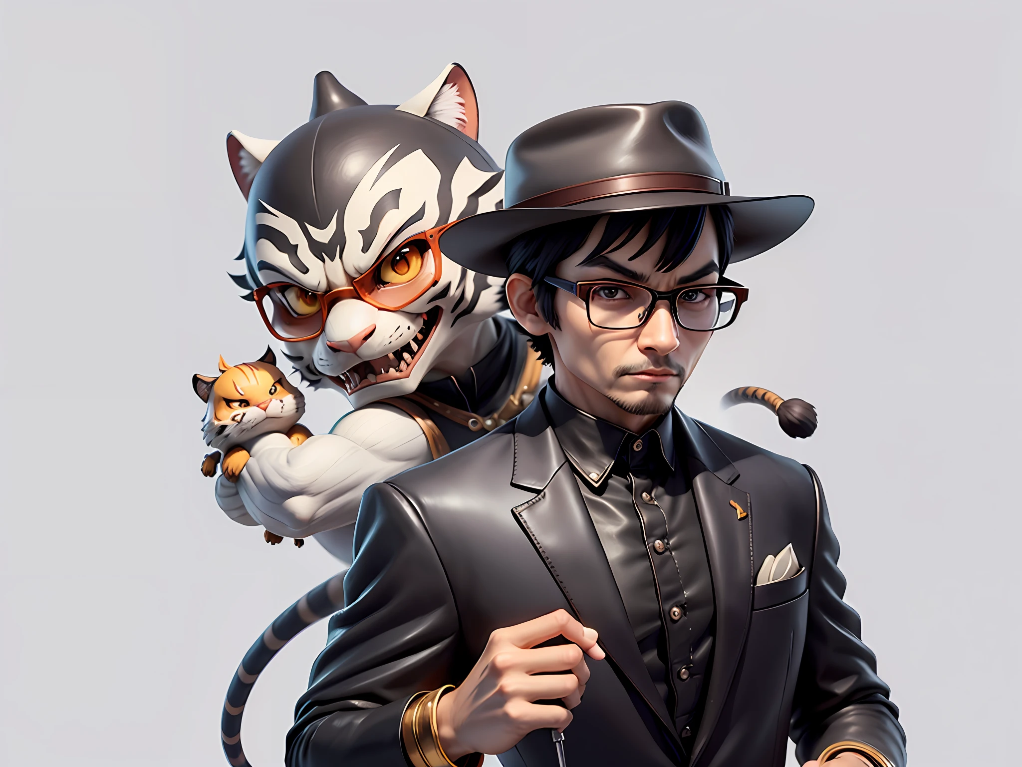 Young man with leather hat, tiger, dragon, oriental face in formal suit, short black hair, silver glasses, digital painting, 3D character design by Mark Clairedon and Pixar and Hayao Miyazaki and Akira Toriyama, the illustration is a high-definition illustration in 4K resolution with very detailed facial features and cartoon-style visuals.