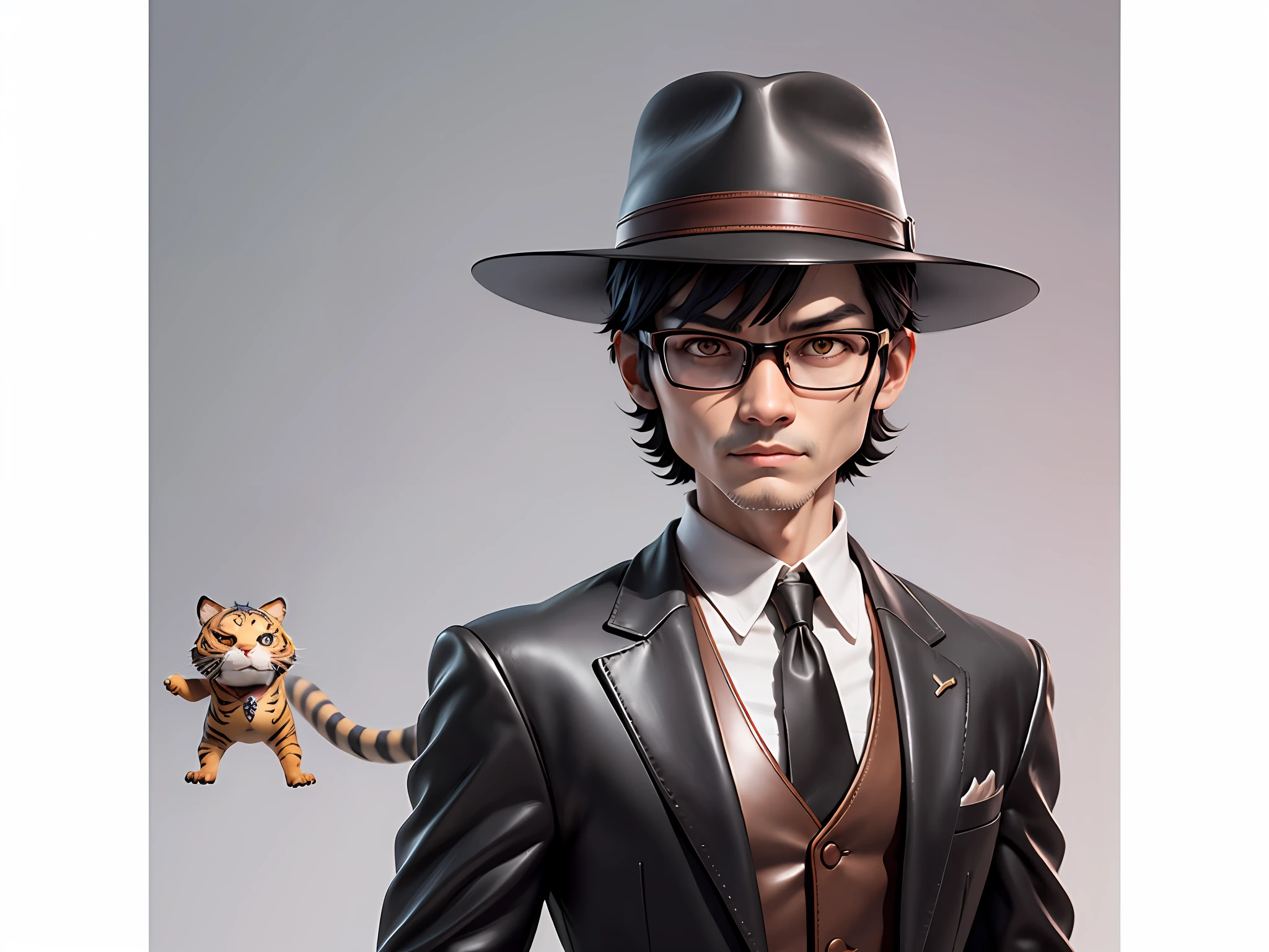 Young man with leather hat, tiger, dragon, oriental face in formal suit, short black hair, silver glasses, digital painting, 3D character design by Mark Clairedon and Pixar and Hayao Miyazaki and Akira Toriyama, the illustration is a high-definition illustration in 4K resolution with very detailed facial features and cartoon-style visuals.