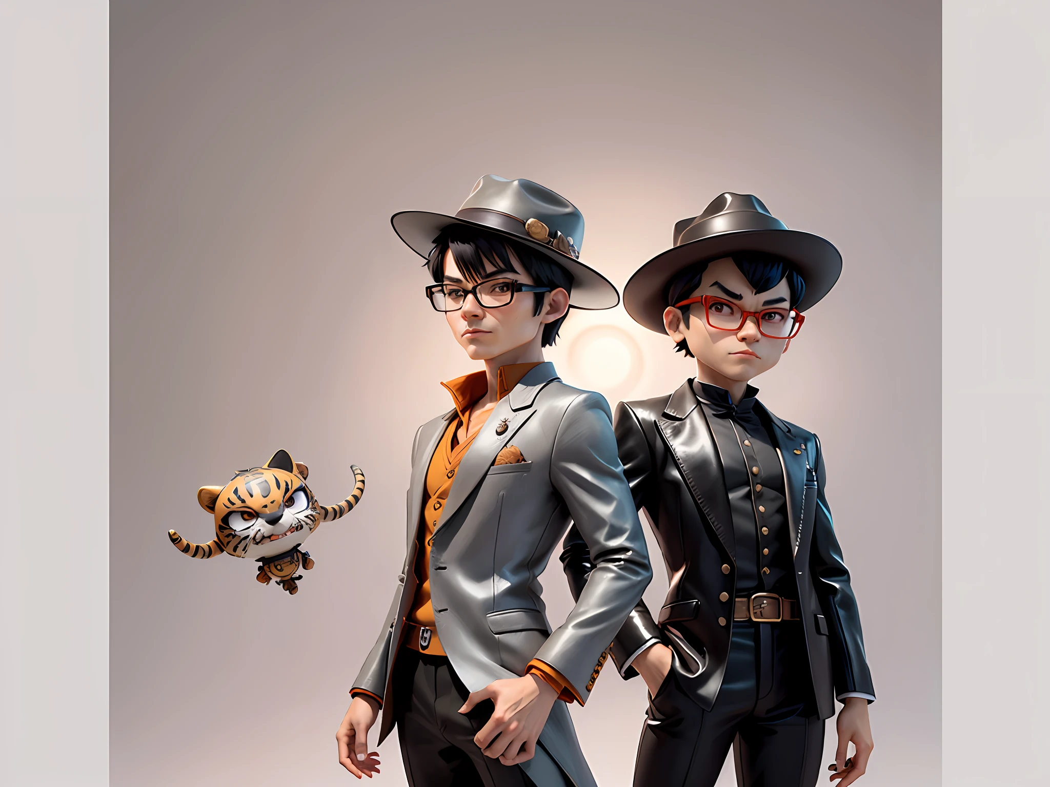 Young man with leather hat, tiger, dragon, oriental face in formal suit, short black hair, silver glasses, digital painting, 3D character design by Mark Clairedon and Pixar and Hayao Miyazaki and Akira Toriyama, the illustration is a high-definition illustration in 4K resolution with very detailed facial features and cartoon-style visuals.