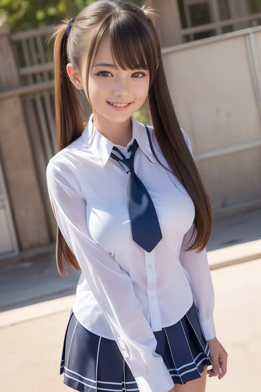 (realistic, photo-realistic:1.37), (masterpiece), (best quality:1.4),(ultra high res:1.2),(RAW photo:1.2), (sharp focus:1.3),(face focus:1.25), (cute:1.1), (cowboy shot:1.38),
(gigantic breasts:1.1),(young girl wearing school uniform :1.3),
(happy smile:1.25), (high detailed shine hair:1.2), ((absurdly long:1.1) twintails:1.2),narrow waist,BREAK
scenery,(high school background:1.0), (dynamic angle shot:1.31), bangs,beautiful detailed round eyes in highlights,looking at viewer,absurdly detailed shiny skin,