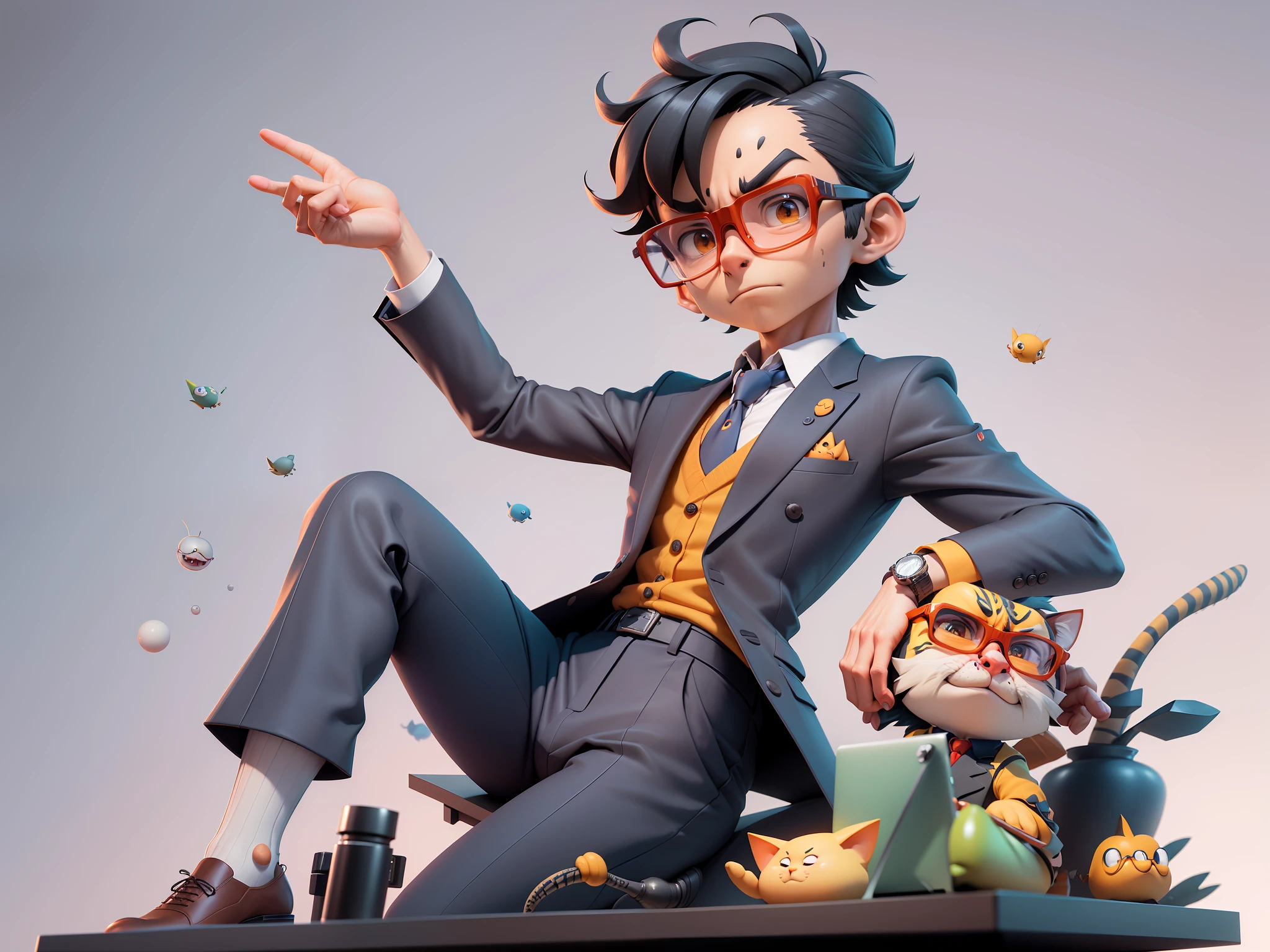 A young man in a suit, Short hair and glasses sat at his desk,holding laptop,digitial painting,tigre,3D character design by Mark Clairen and Pixar and Hayao Miyazaki and Akira Toriyama,4K HD illustration,Very detailed facial features and cartoon-style visuals。