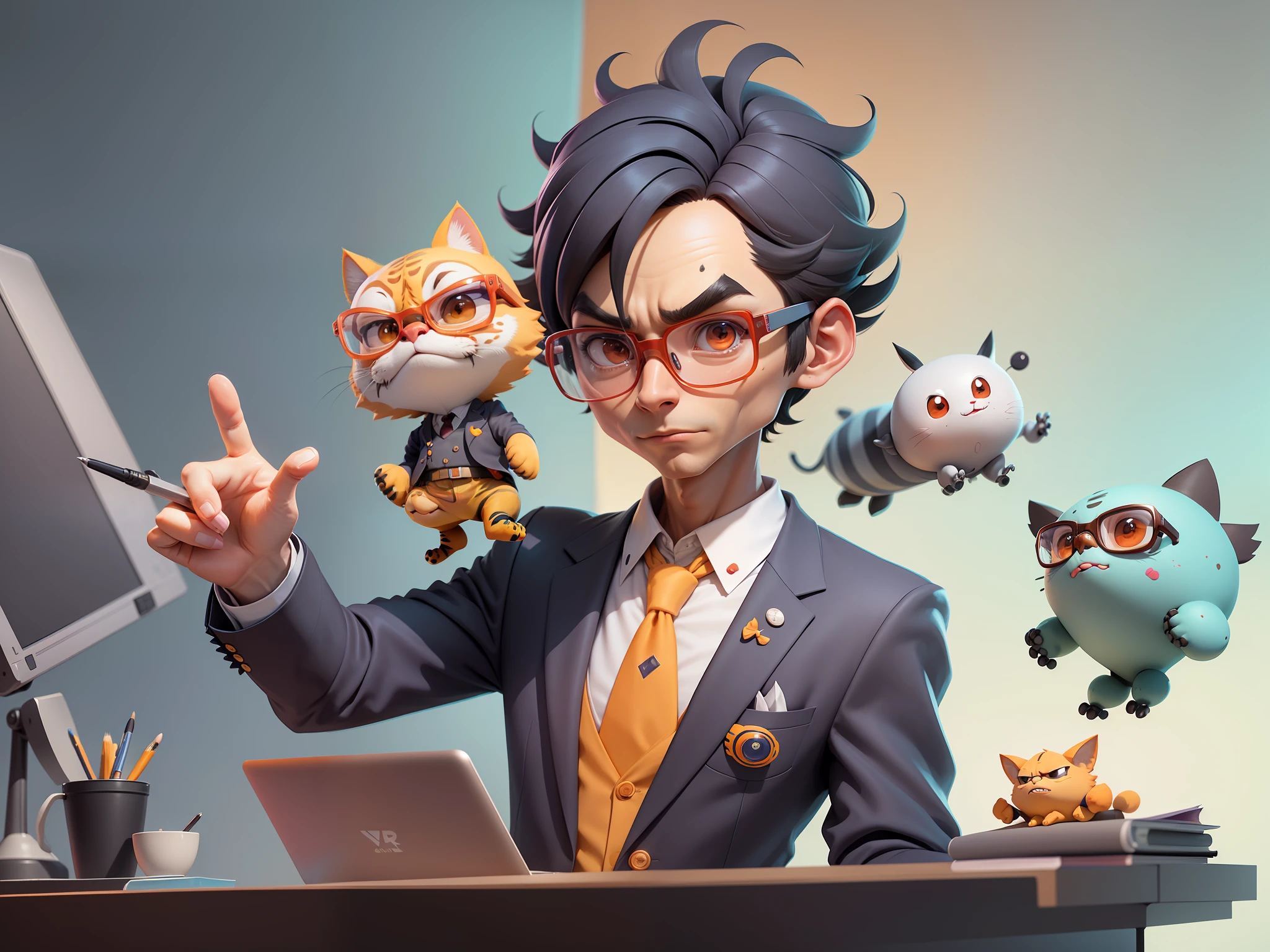 A young man in a suit, Short hair and glasses sat at his desk，holding laptop，digitial painting，tigre，3D character design by Mark Clairen and Pixar and Hayao Miyazaki and Akira Toriyama，4K HD illustration，Very detailed facial features and cartoon-style visuals。