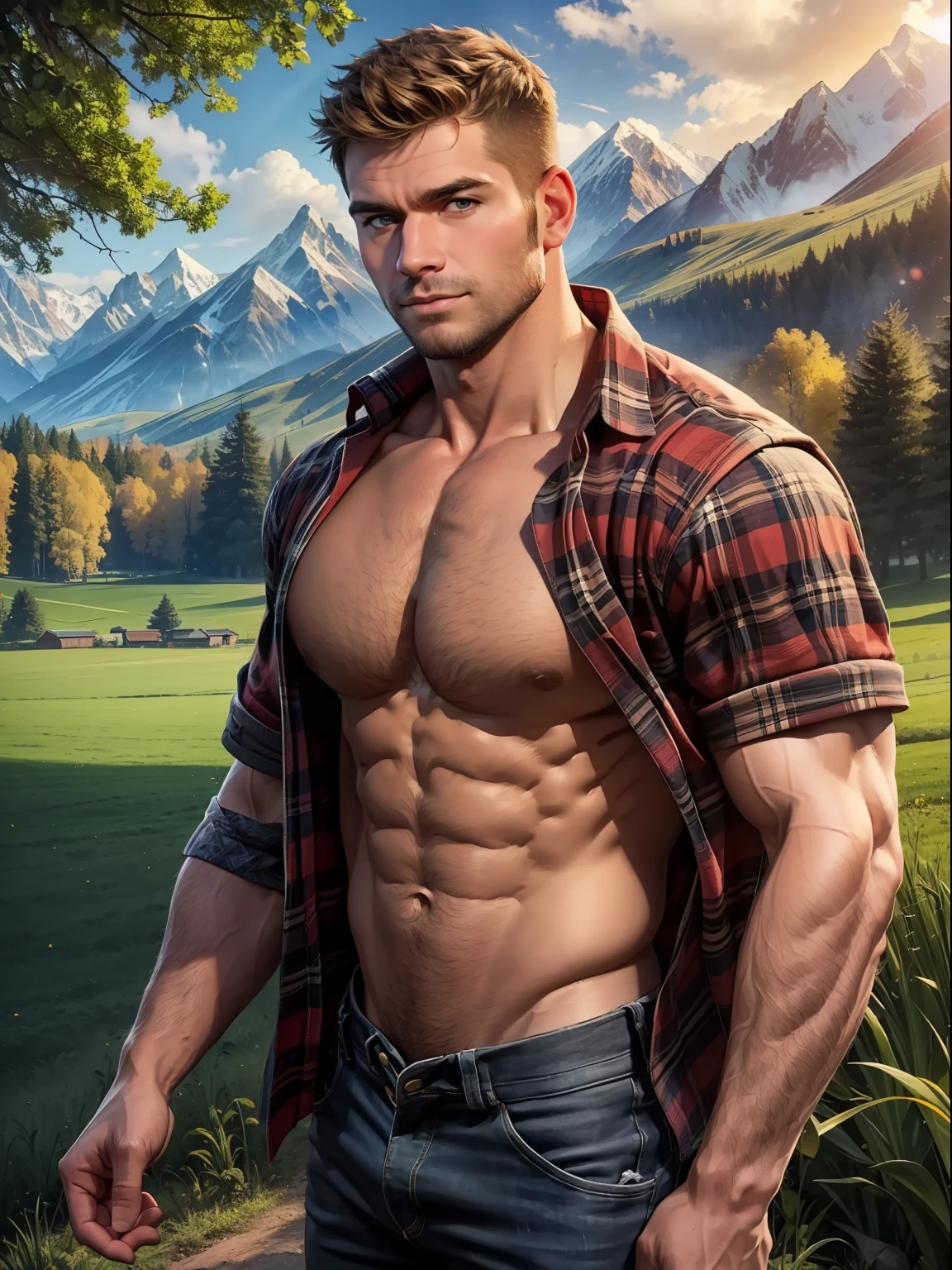 masterpiece, best quality, high resolution, close-up portrait, (1boy:1.4) A man in a lumberjack suit, muscular, (no shirt: 1.2) male focus, solo focus, tan skin, middle-aged man in lumberjack clothing, muscular, burly, hairy, masculine, (no shirt: 1.2), in the background a farm, sunny day, amazing composition, front view, HDR, volumetric lighting, (wide shot, from front:1.2) (GS-Male :1.5) (magnificent landscape:1.2)