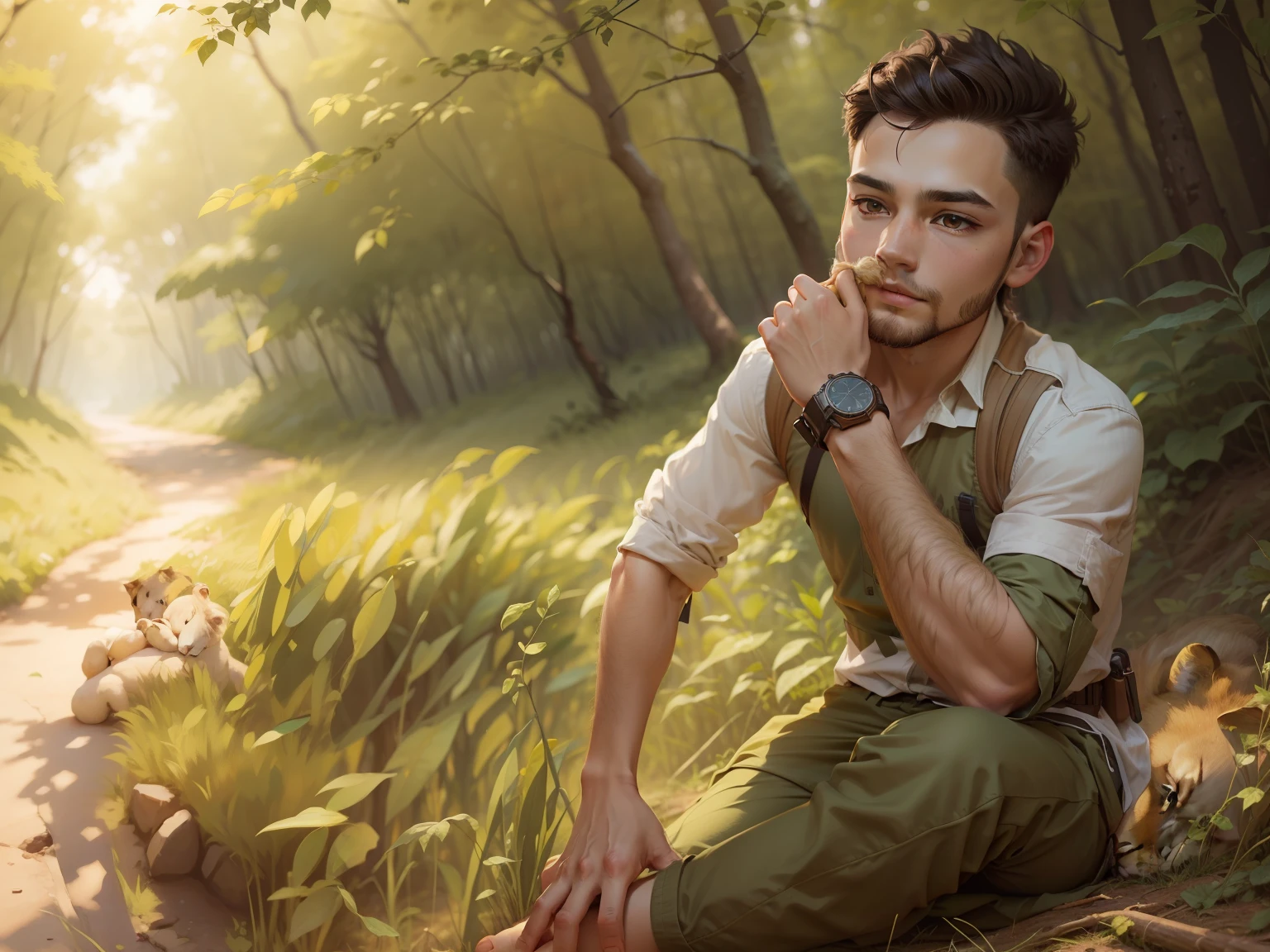 A cute boy with lion in forest.