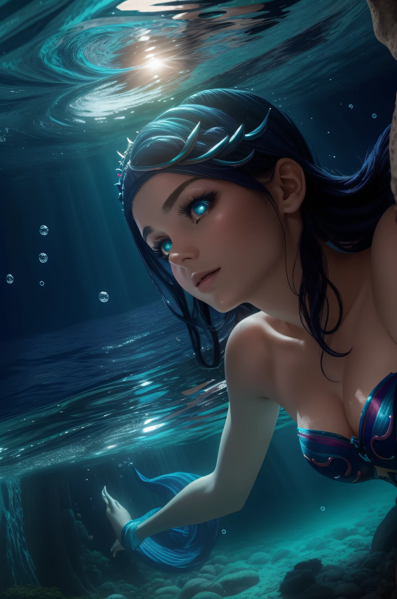 alta qualidade, uma mermaid of the water, flowing blue hair, muitos demonios, floresta negra, rosto perfeito, , beautifull lips, warm ilumination , usando uma tiara de osso e brincos de argola,vestido longo com fendas nas partes inferiores,, na frente do mar escuro com o reflexo da lua na agua , tendo foco no corpo,cantando para um barco